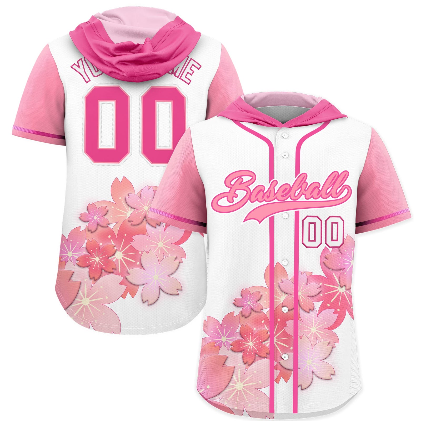 Custom Hooded Baseball Jersey | Pink Light Pink Cherry Blossom Personalized Name & Number Sport Jersey
