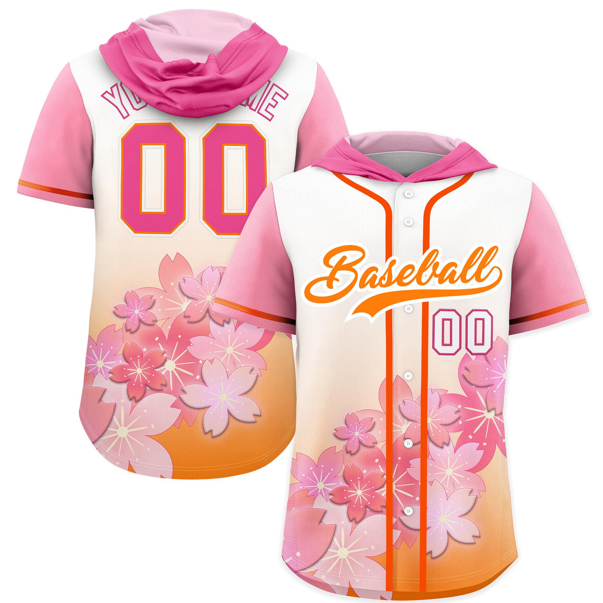 Custom Hooded Baseball Jersey | Pink Orange Cherry Blossom Moisture-Wicking Jersey for Men &amp; Women