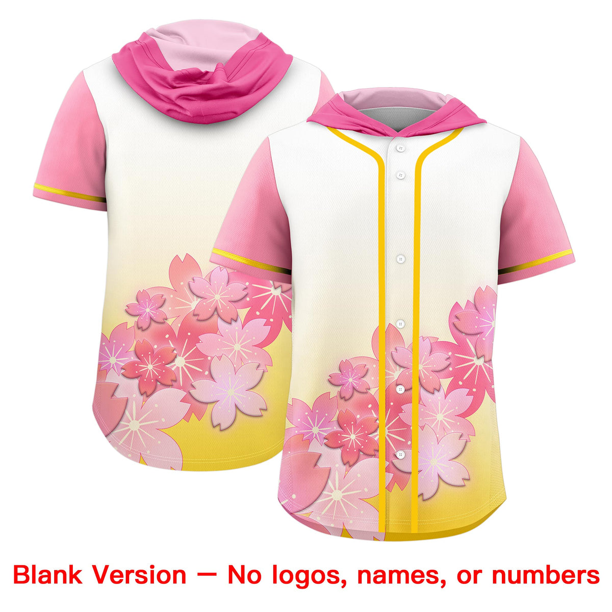 Custom Hooded Baseball Jersey | Gold White Cherry Blossom Personalized Name &amp; Number Sport Jersey