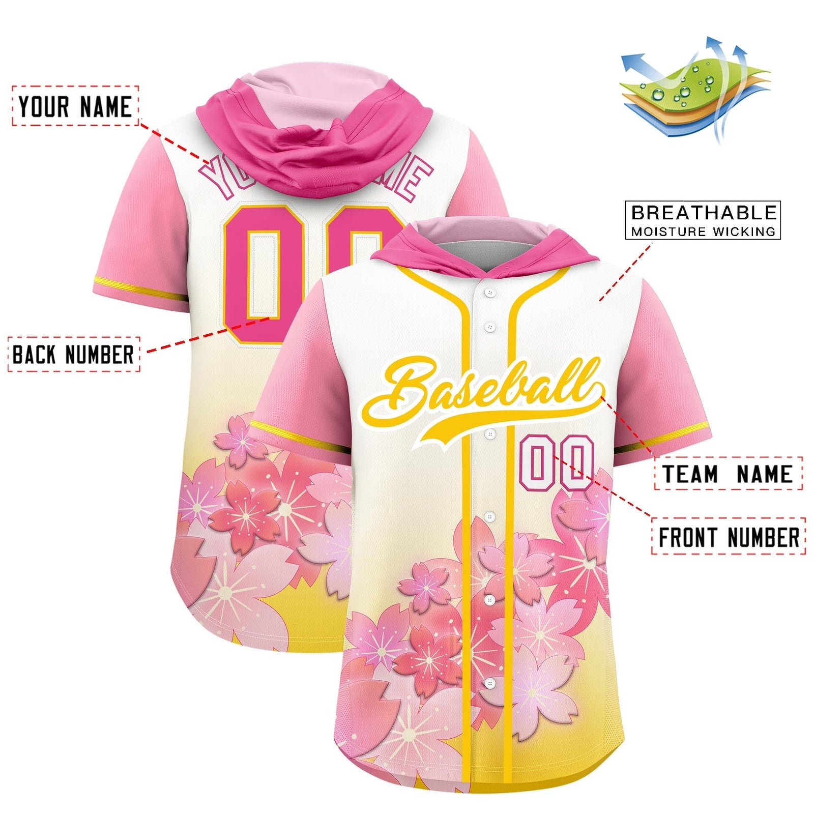Custom Hooded Baseball Jersey | Gold White Cherry Blossom Personalized Name & Number Sport Jersey