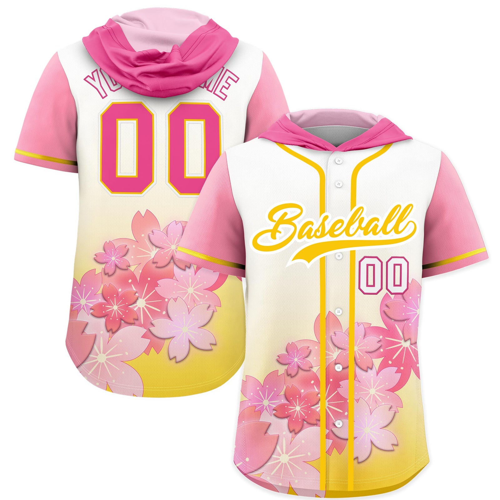 Custom Hooded Baseball Jersey | Gold White Cherry Blossom Personalized Name & Number Sport Jersey