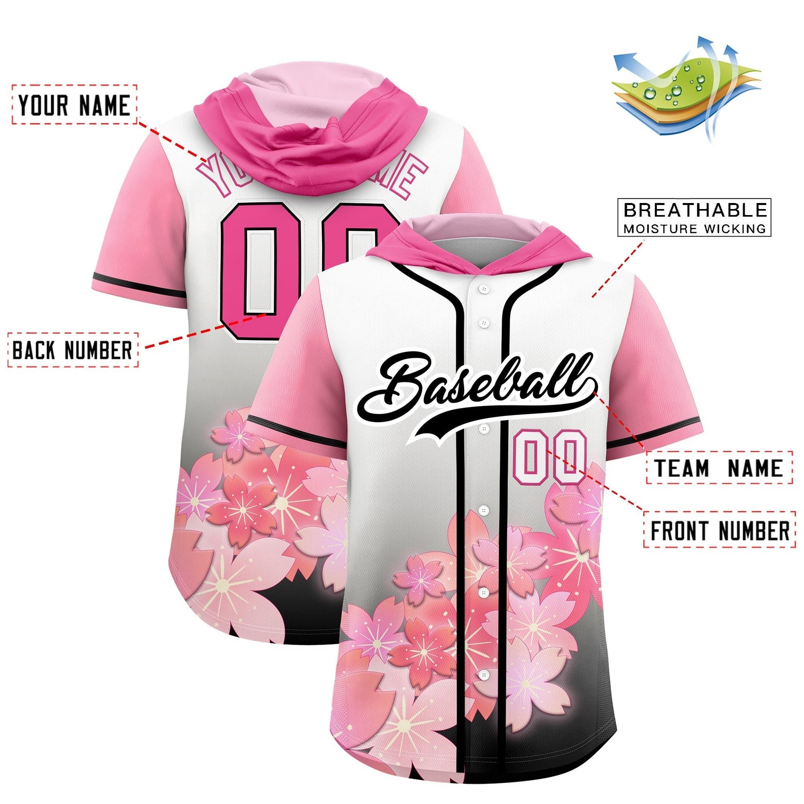 Custom Hooded Baseball Jersey | Pink Black Cherry Blossom Moisture-Wicking Jersey for Men & Women