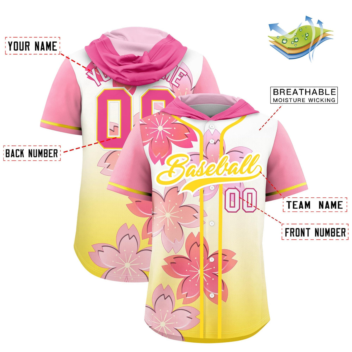 Custom Hooded Baseball Jersey | Pink Gold Cherry Blossom Personalized Name &amp; Number Sport Jersey
