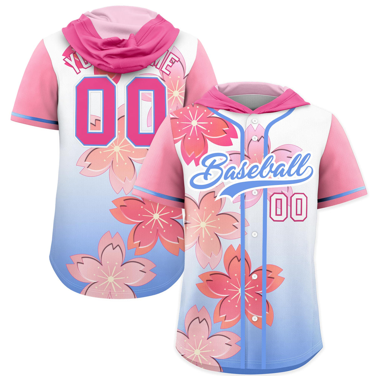 Custom Hooded Baseball Jersey | Pink Light Blue Cherry Blossom Personalized Name &amp; Number Sport Jersey