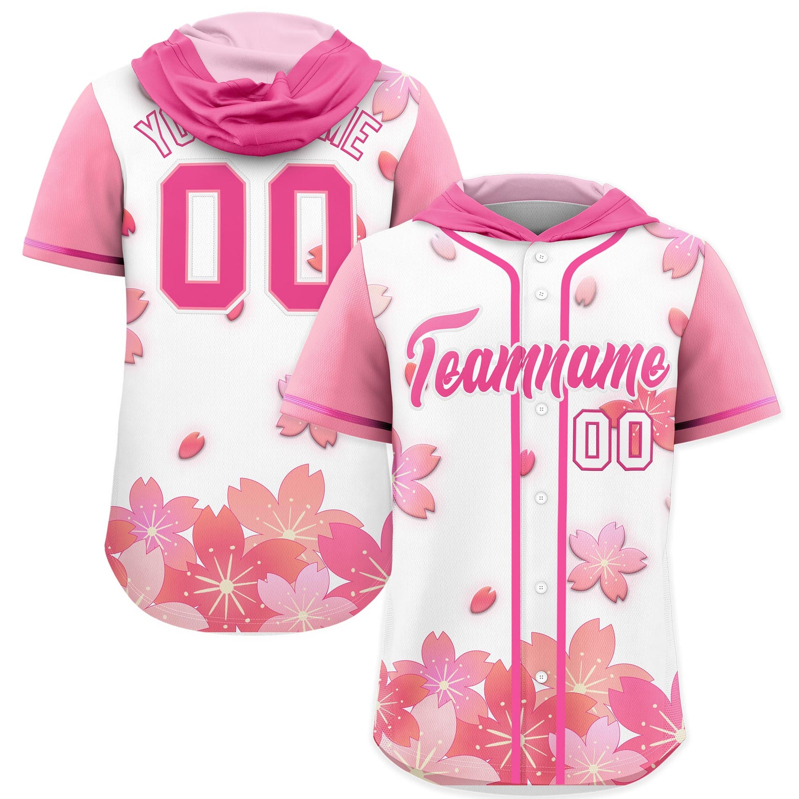 Custom Hooded Baseball Jersey | White Pink Cherry Blossom Personalized Name & Number Sport Jersey