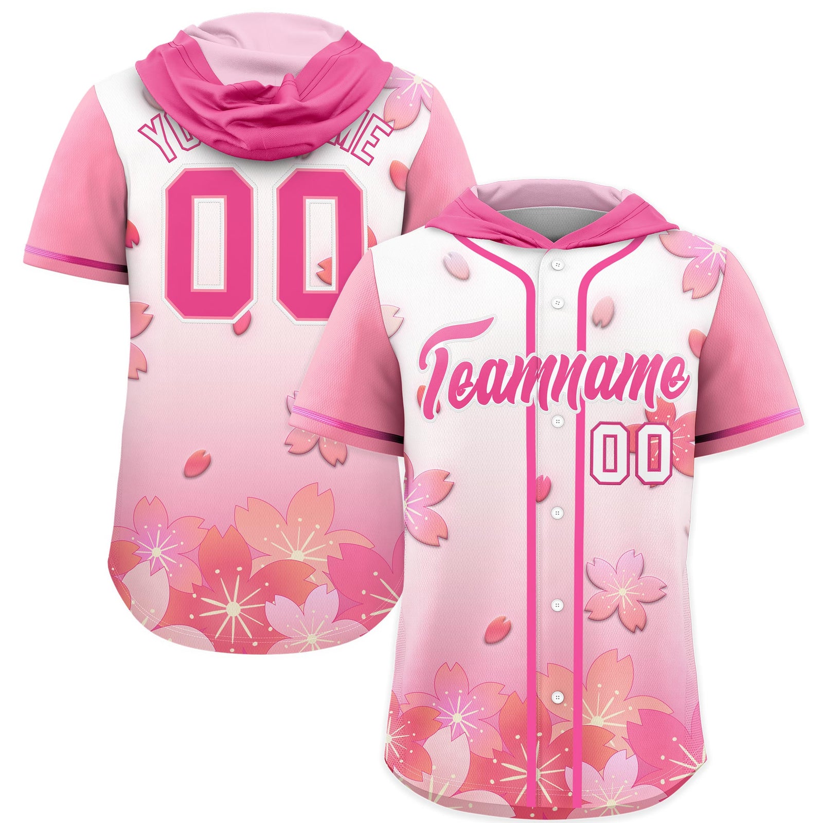 Custom Hooded Baseball Jersey | Pink White Cherry Blossom Breathable Athleisure Streetwear