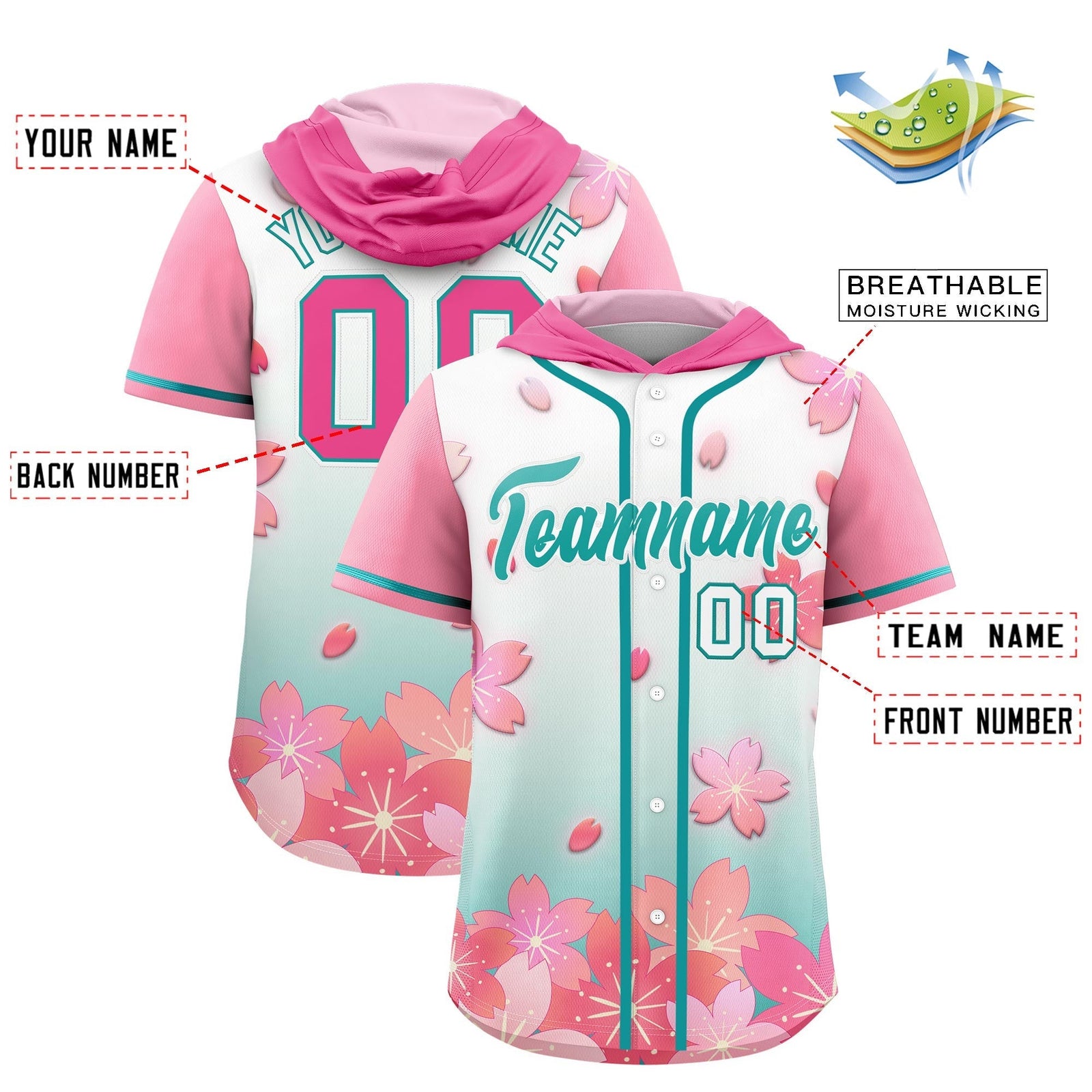 Custom Hooded Baseball Jersey | Pink Aqua Cherry Blossom Personalized Name & Number Sport Jersey