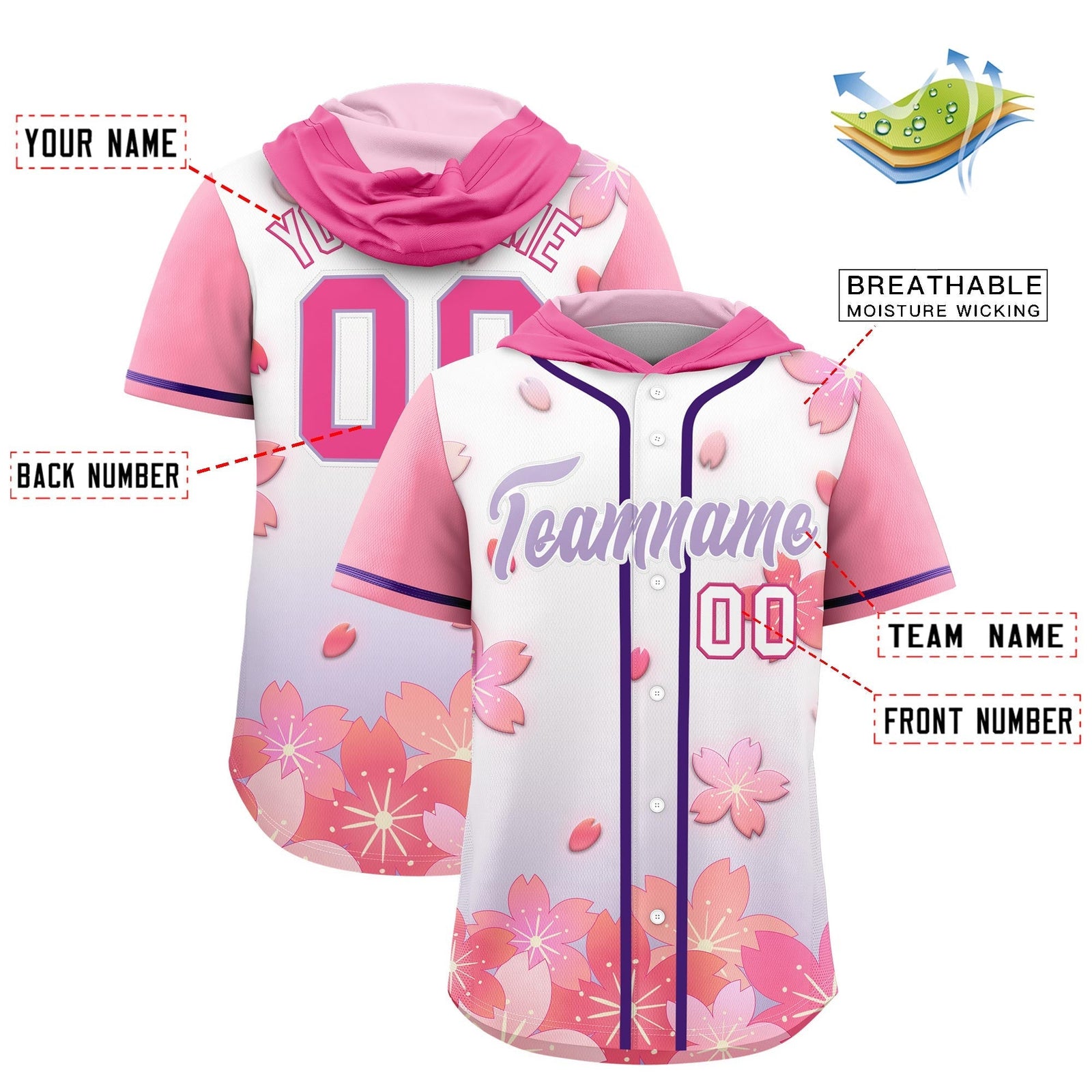 Custom Hooded Baseball Jersey | Pink Light Purple Cherry Blossom Personalized Name & Number Sport Jersey