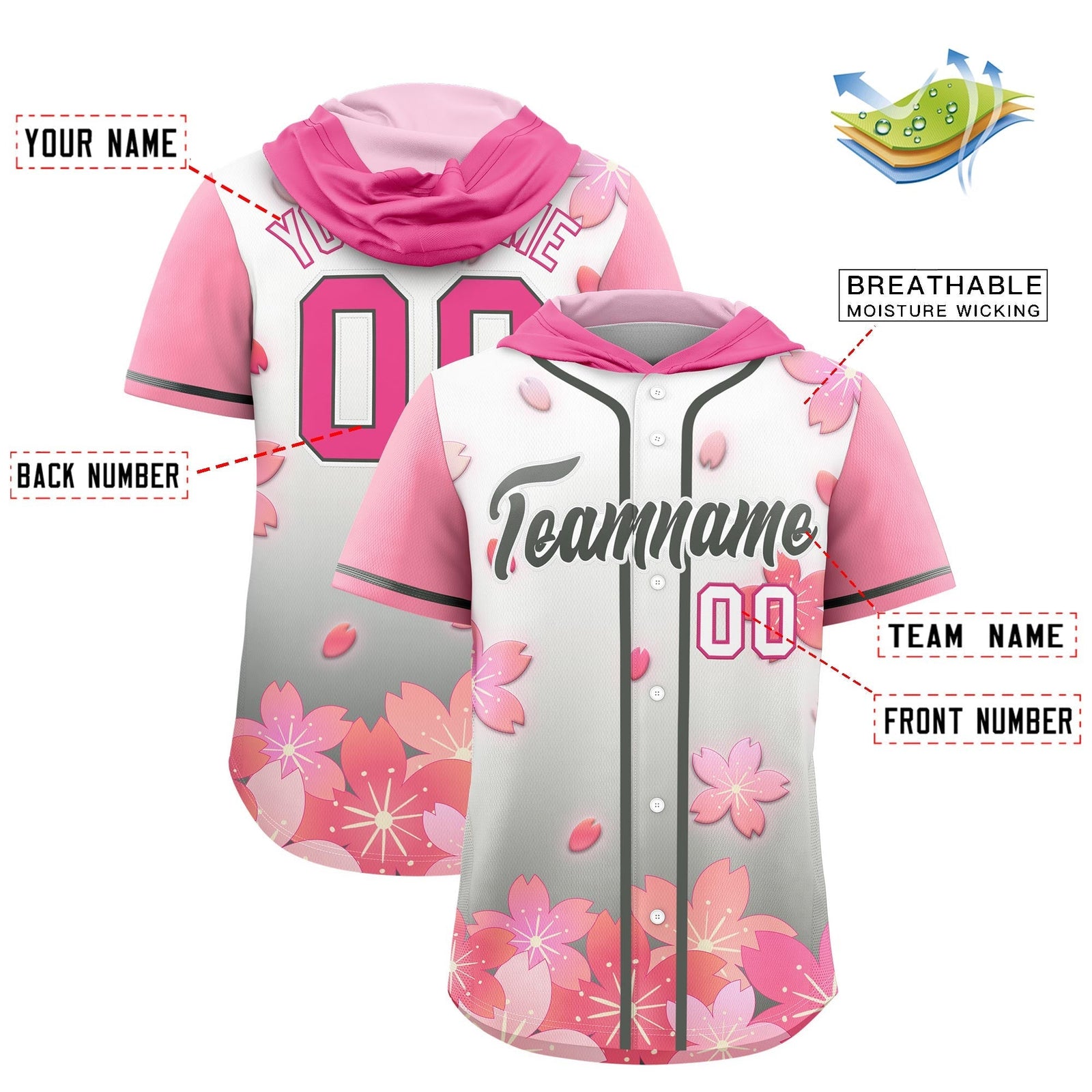 Custom Hooded Baseball Jersey | Pink Gray Cherry Blossom Moisture-Wicking Jersey for Men & Women