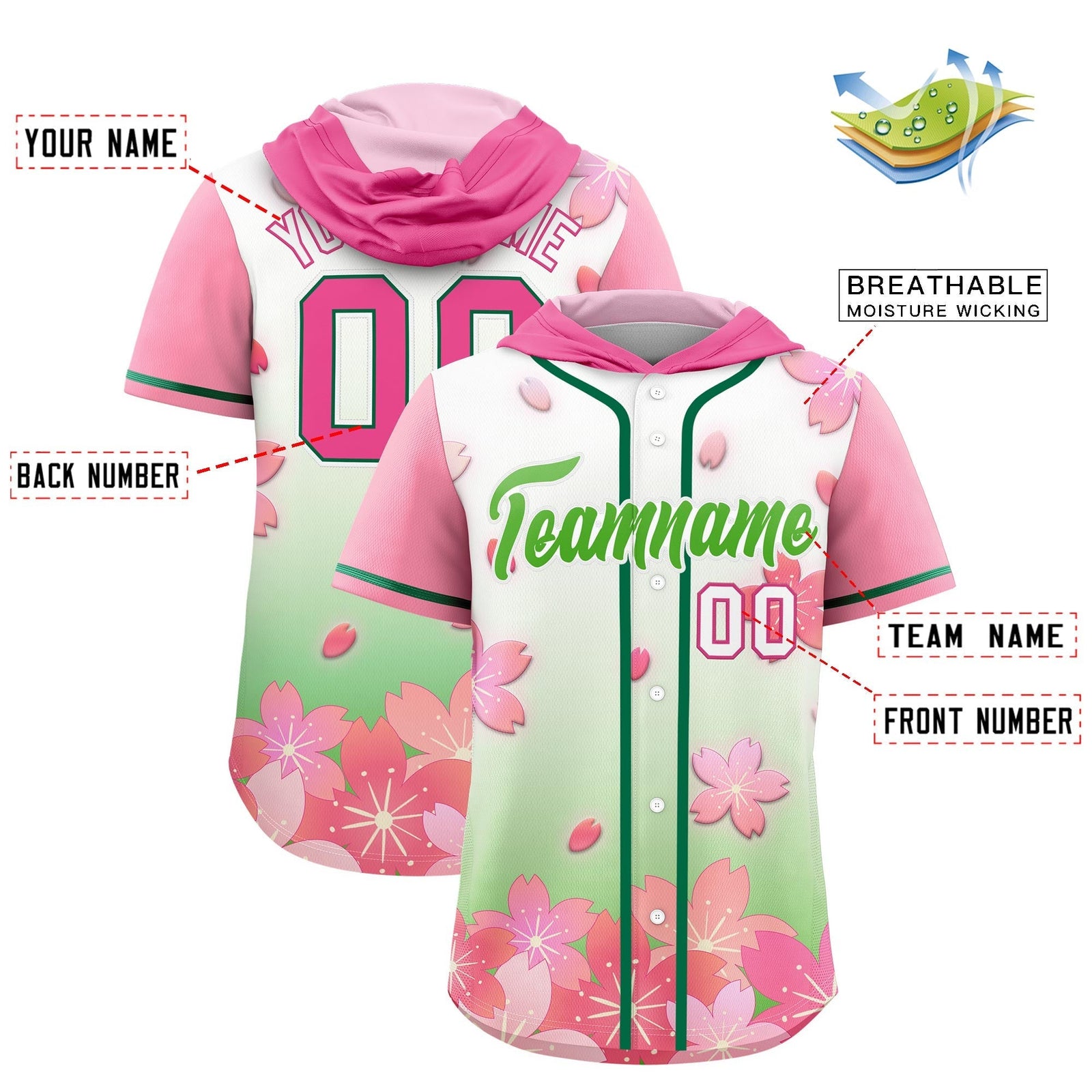 Custom Hooded Baseball Jersey | Pink Light Green Cherry Blossom Personalized Name & Number Sport Jersey