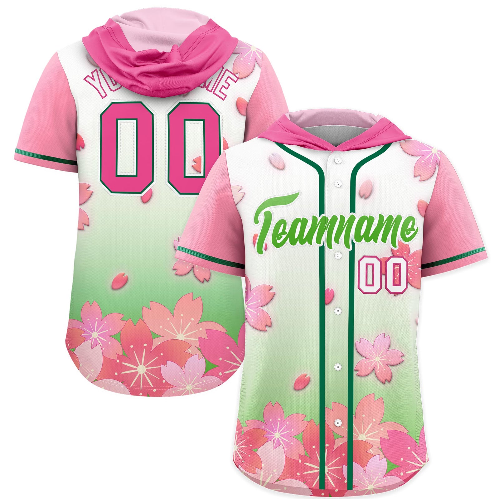 Custom Hooded Baseball Jersey | Pink Light Green Cherry Blossom Personalized Name & Number Sport Jersey