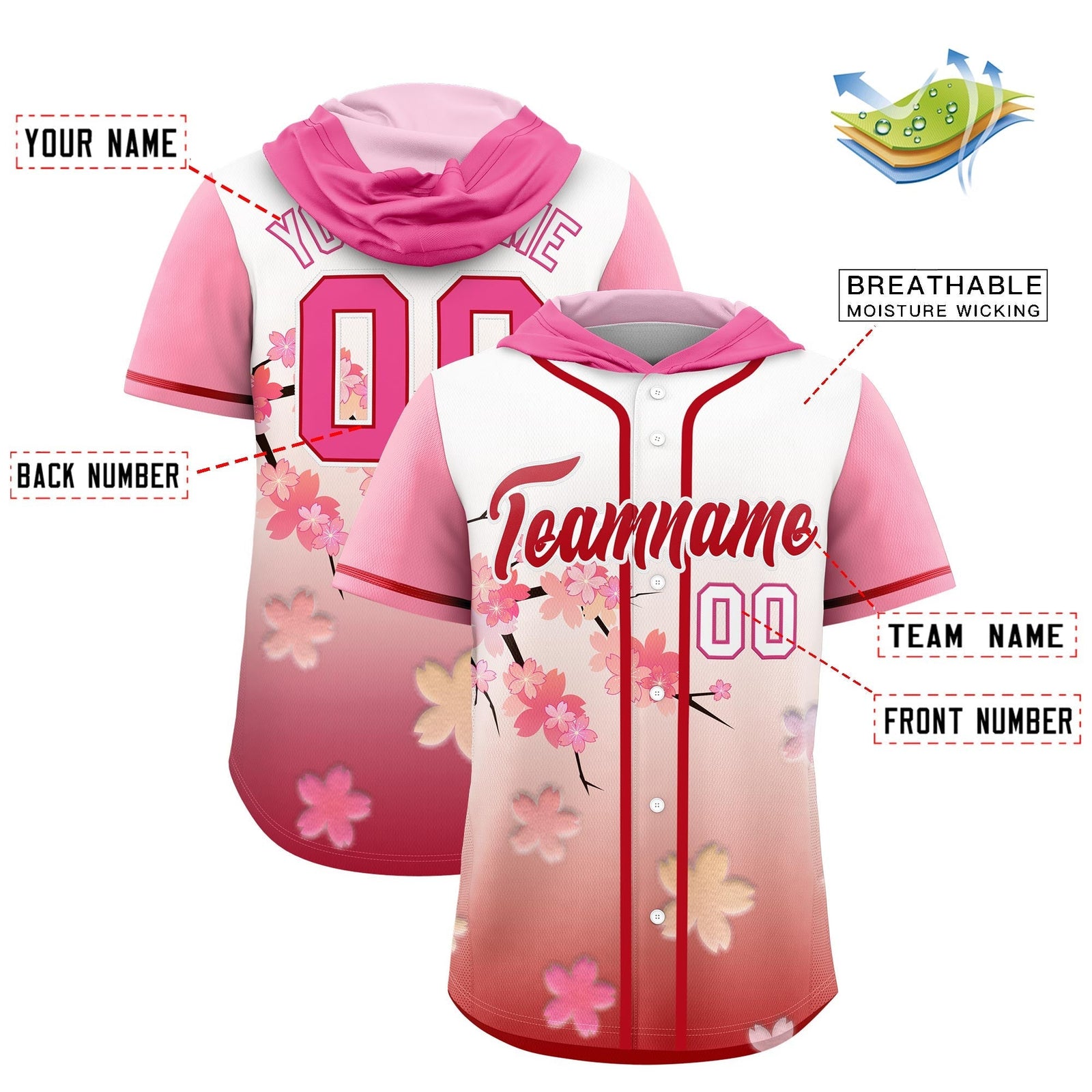 Custom Hooded Baseball Jersey | Pink Red Cherry Blossom Moisture-Wicking Jersey for Men & Women