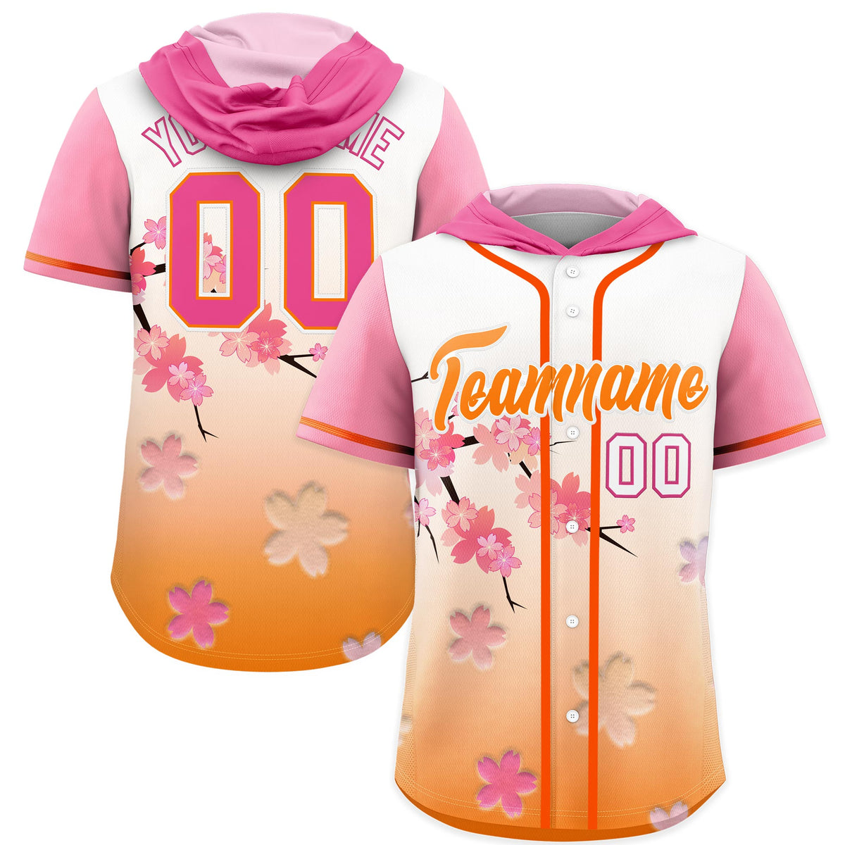 Custom Hooded Baseball Jersey | Pink Orange Cherry Blossom Personalized Name &amp; Number Sport Jersey