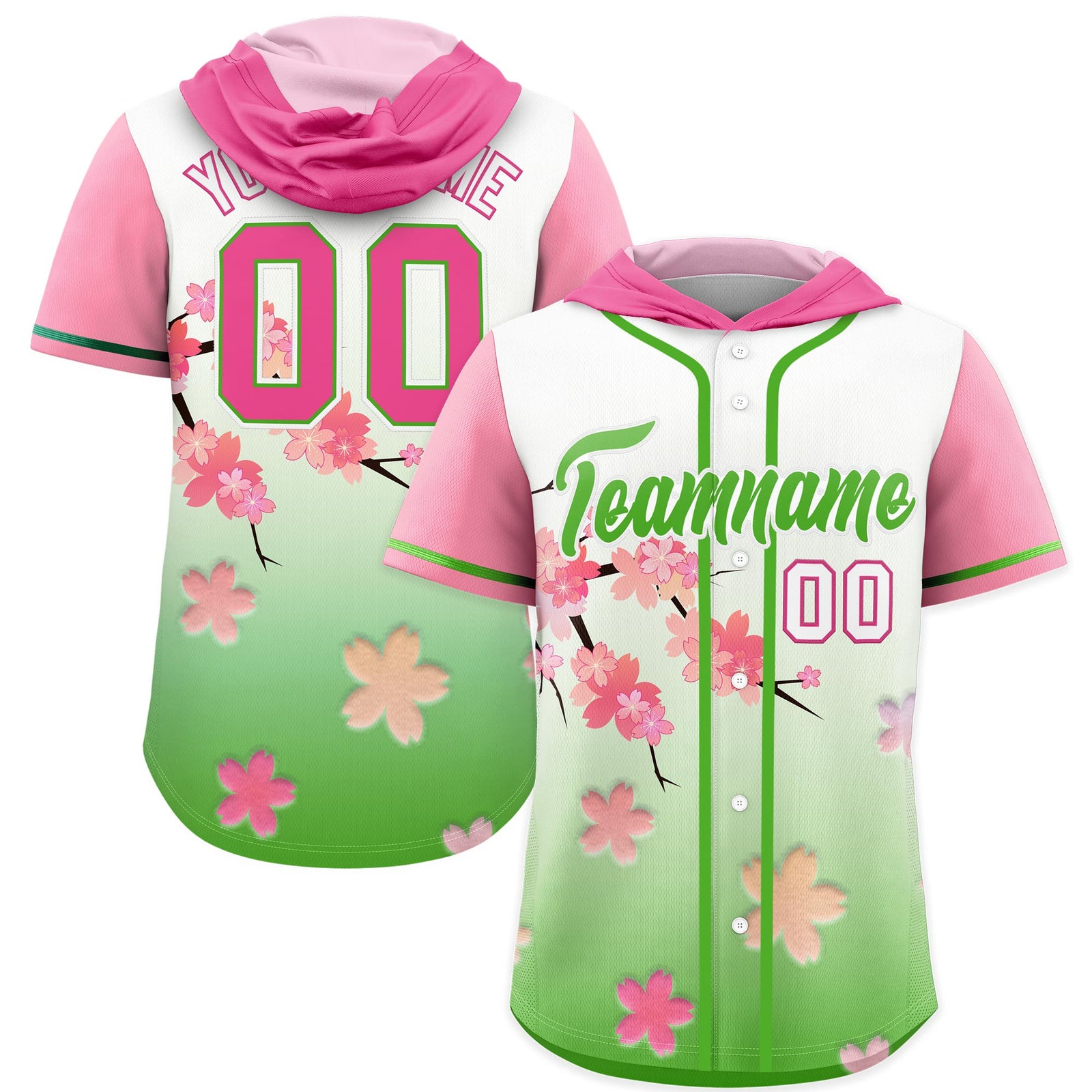 Custom Hooded Baseball Jersey | Pink Light Green Cherry Blossom Moisture-Wicking Jersey for Men & Women