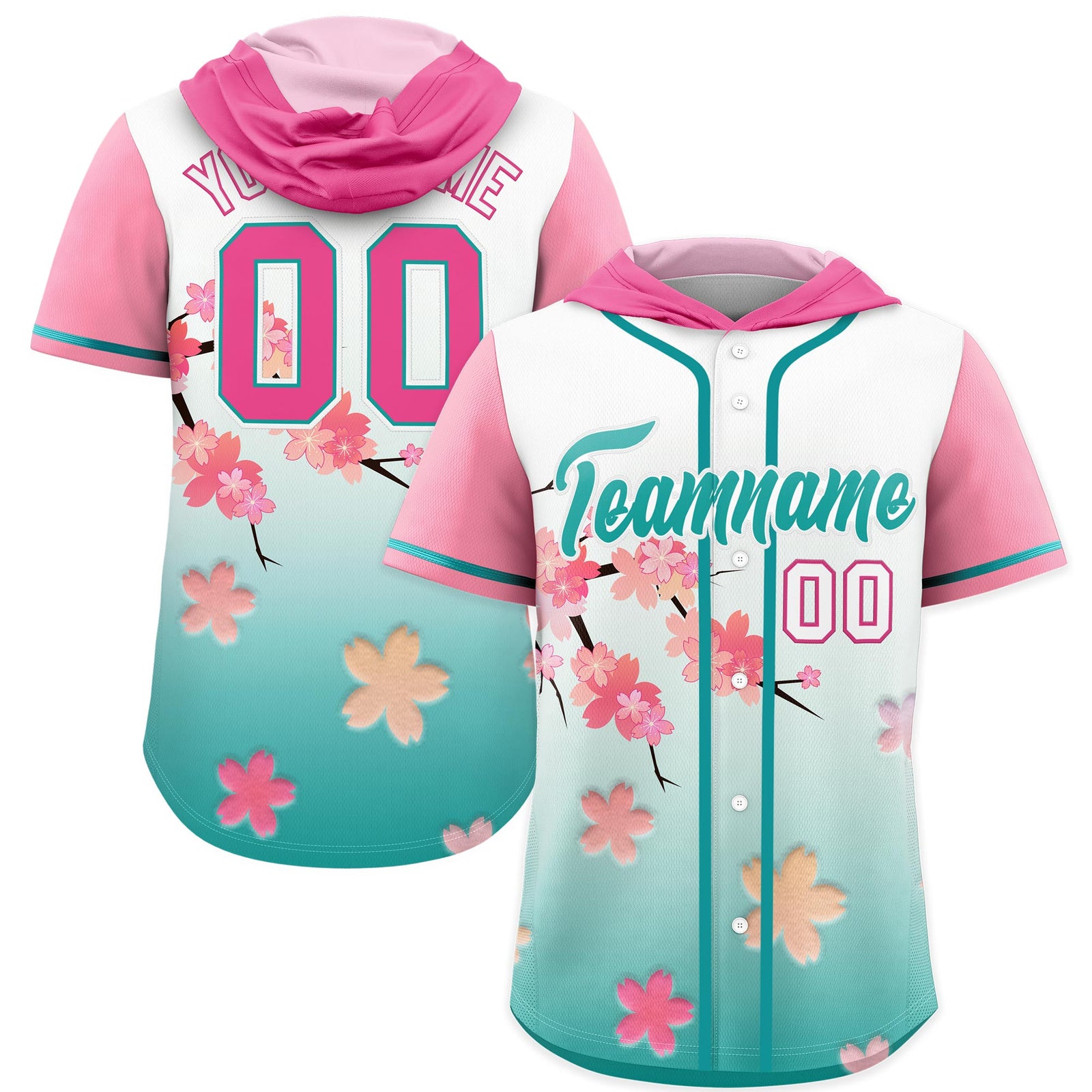 Custom Hooded Baseball Jersey | Pink Aqua Cherry Blossom Personalized Name & Number Sport Jersey