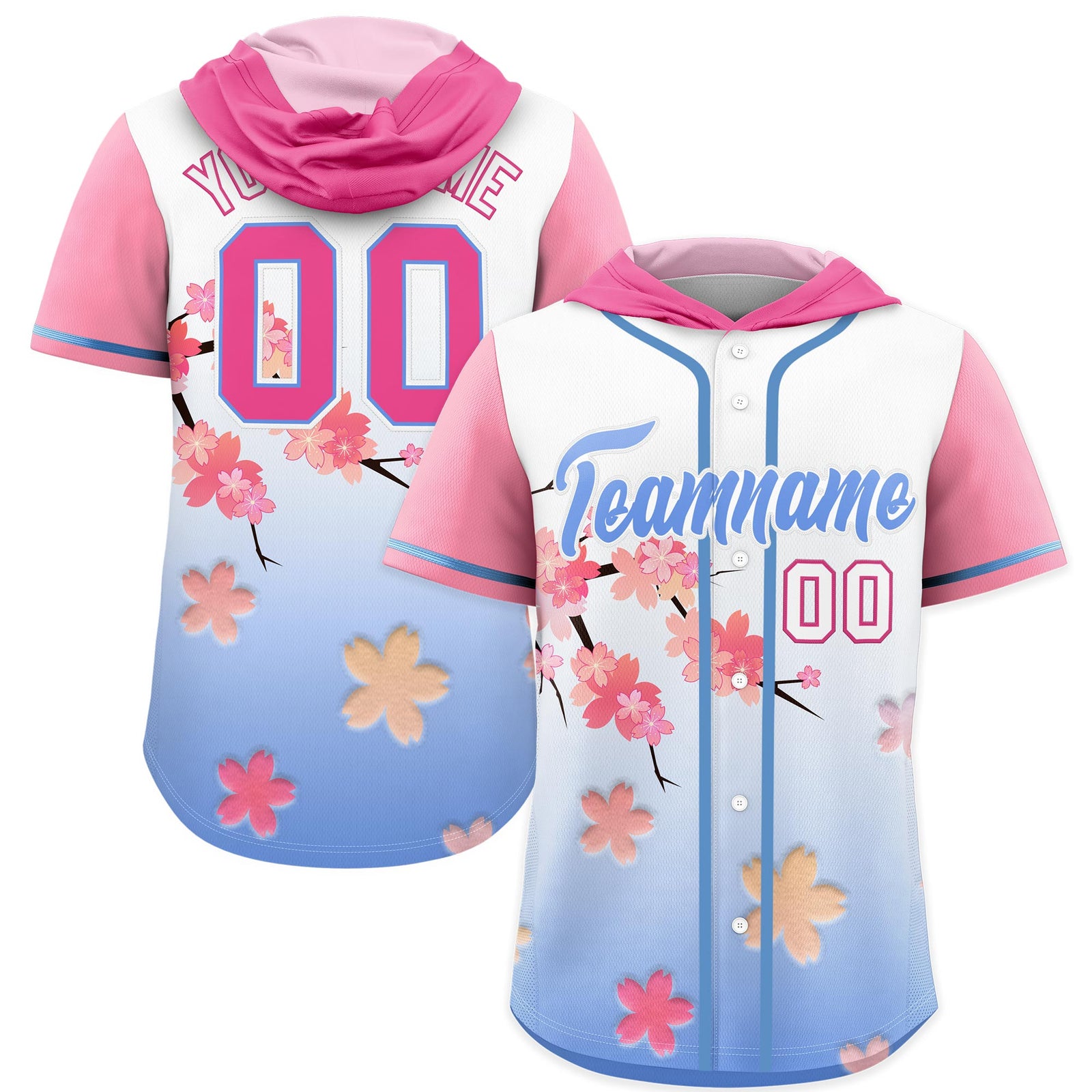 Custom Hooded Baseball Jersey | Pink Light Blue Cherry Blossom Breathable Athleisure Streetwear