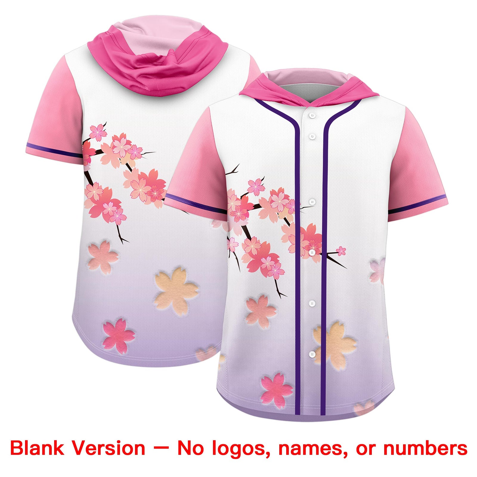Custom Hooded Baseball Jersey | Pink Purple Cherry Blossom Moisture-Wicking Jersey for Men & Women