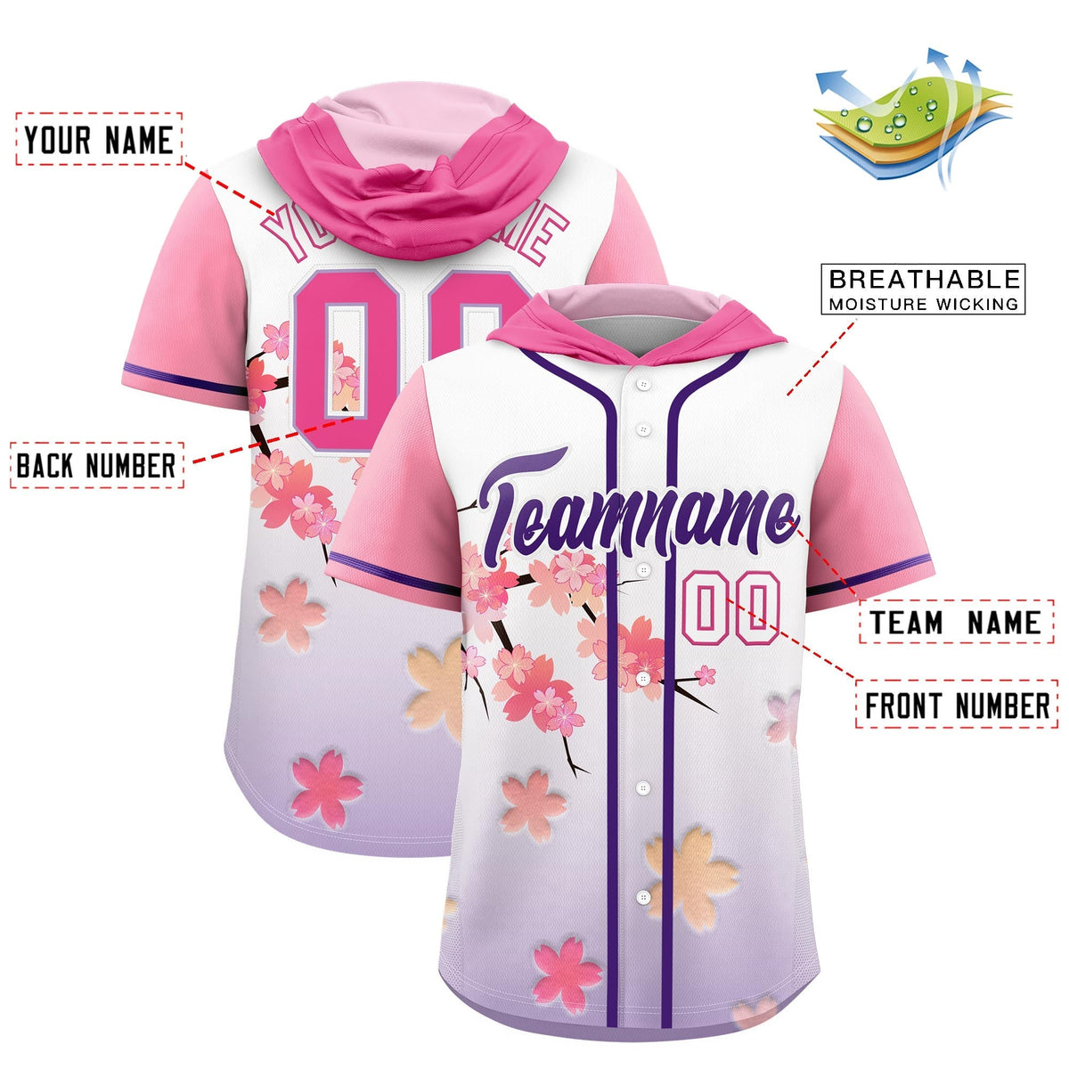 Custom Hooded Baseball Jersey | Pink Purple Cherry Blossom Moisture-Wicking Jersey for Men &amp; Women