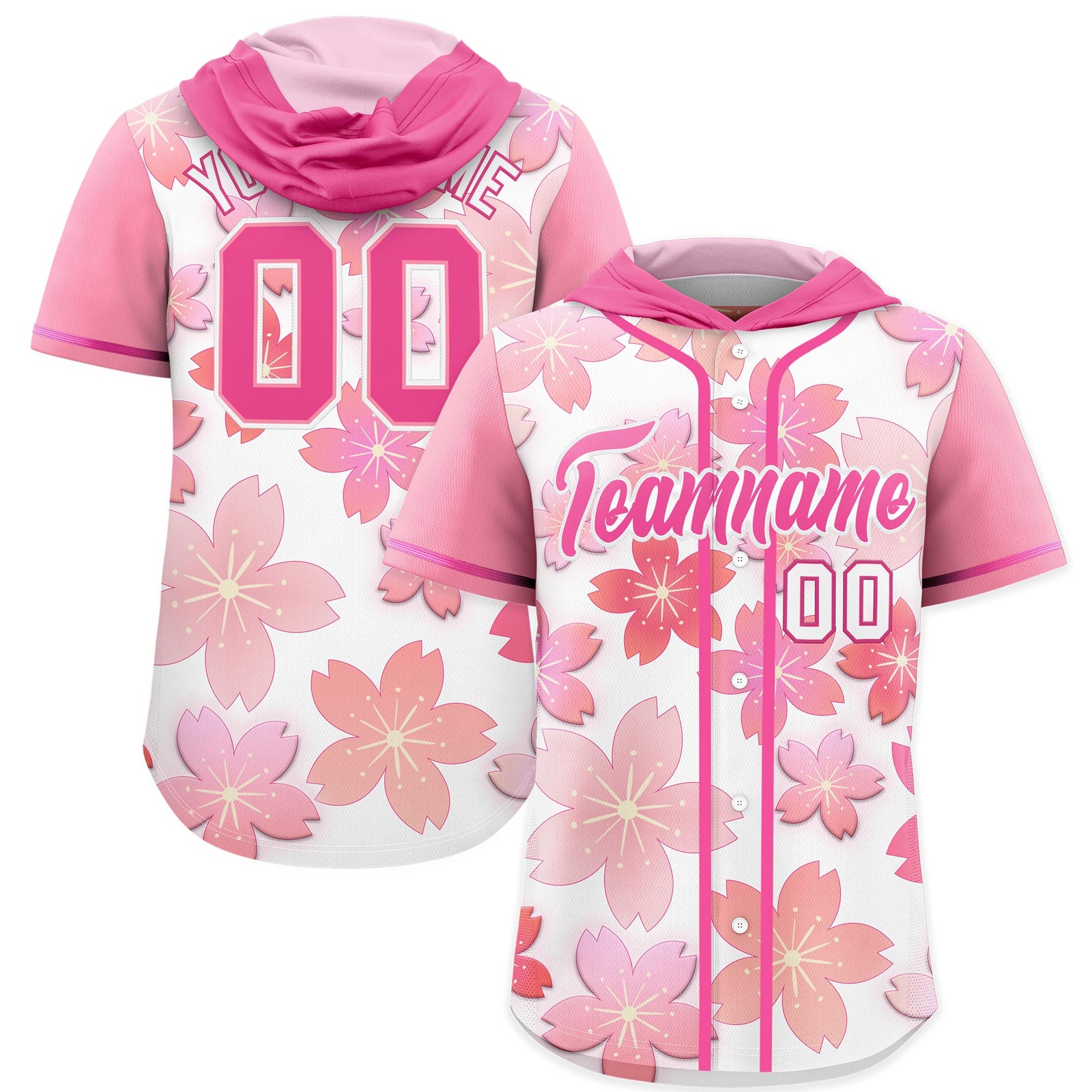 Custom Hooded Baseball Jersey | Pink White Cherry Blossom Moisture-Wicking Jersey for Men & Women