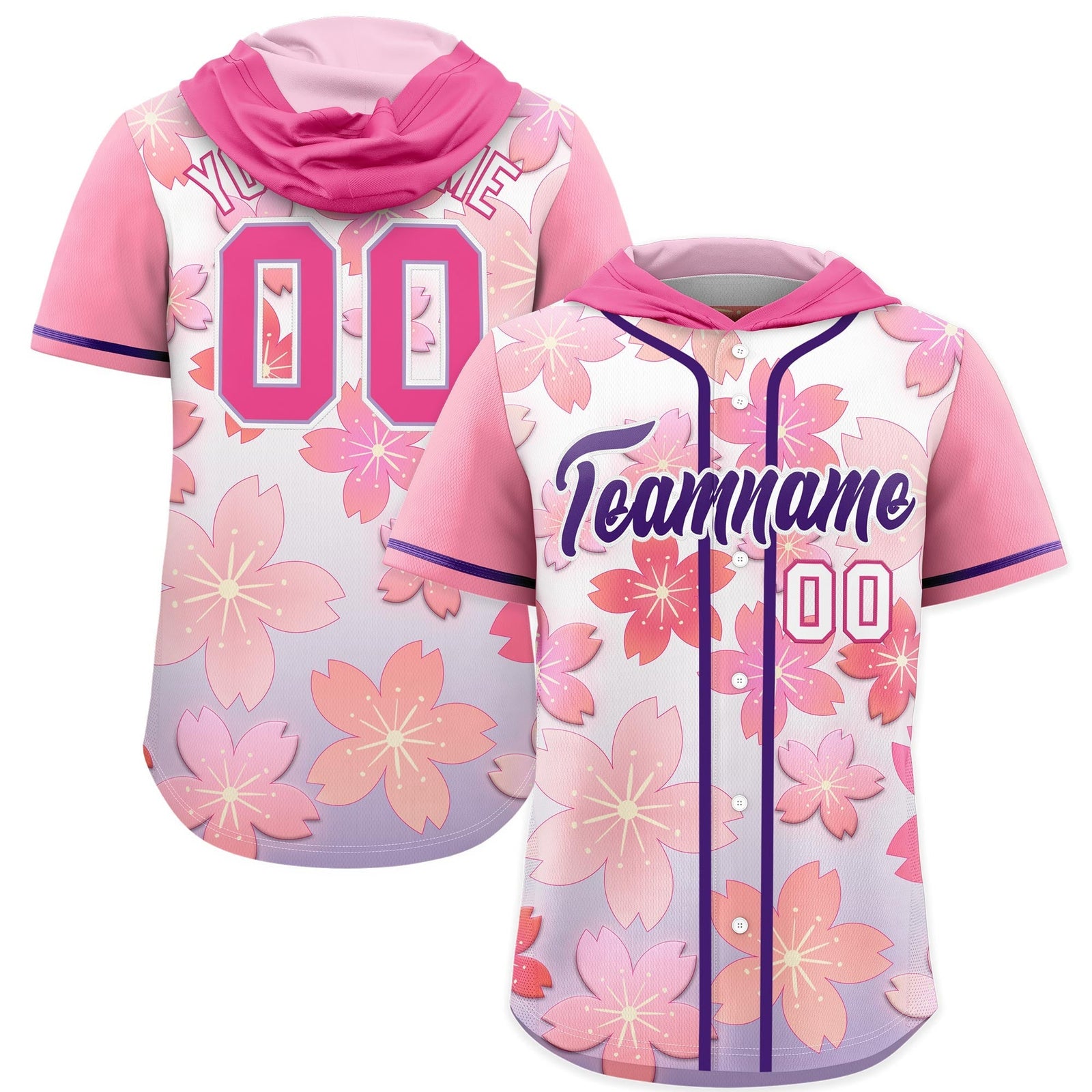 Custom Hooded Baseball Jersey | Pink Purple Cherry Blossom Moisture-Wicking Jersey for Men & Women