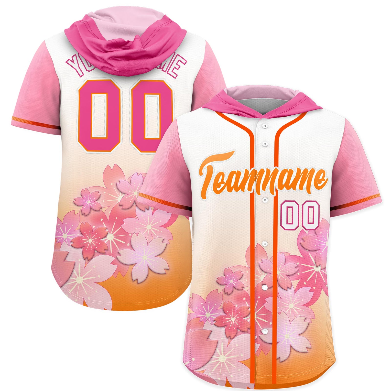 Custom Hooded Baseball Jersey | Pink Orange Cherry Blossom Moisture-Wicking Jersey for Men & Women