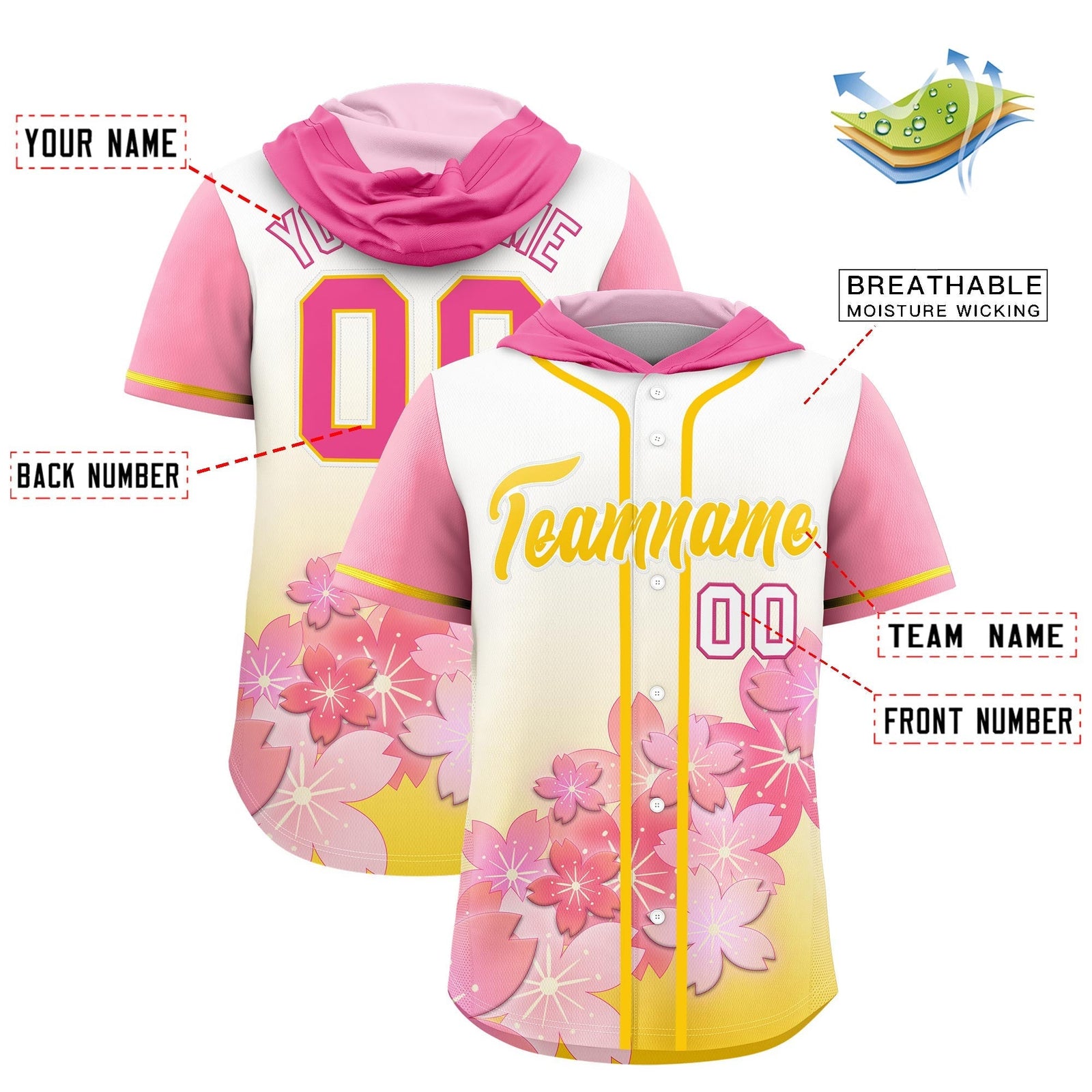 Custom Hooded Baseball Jersey | Gold White Cherry Blossom Personalized Name & Number Sport Jersey