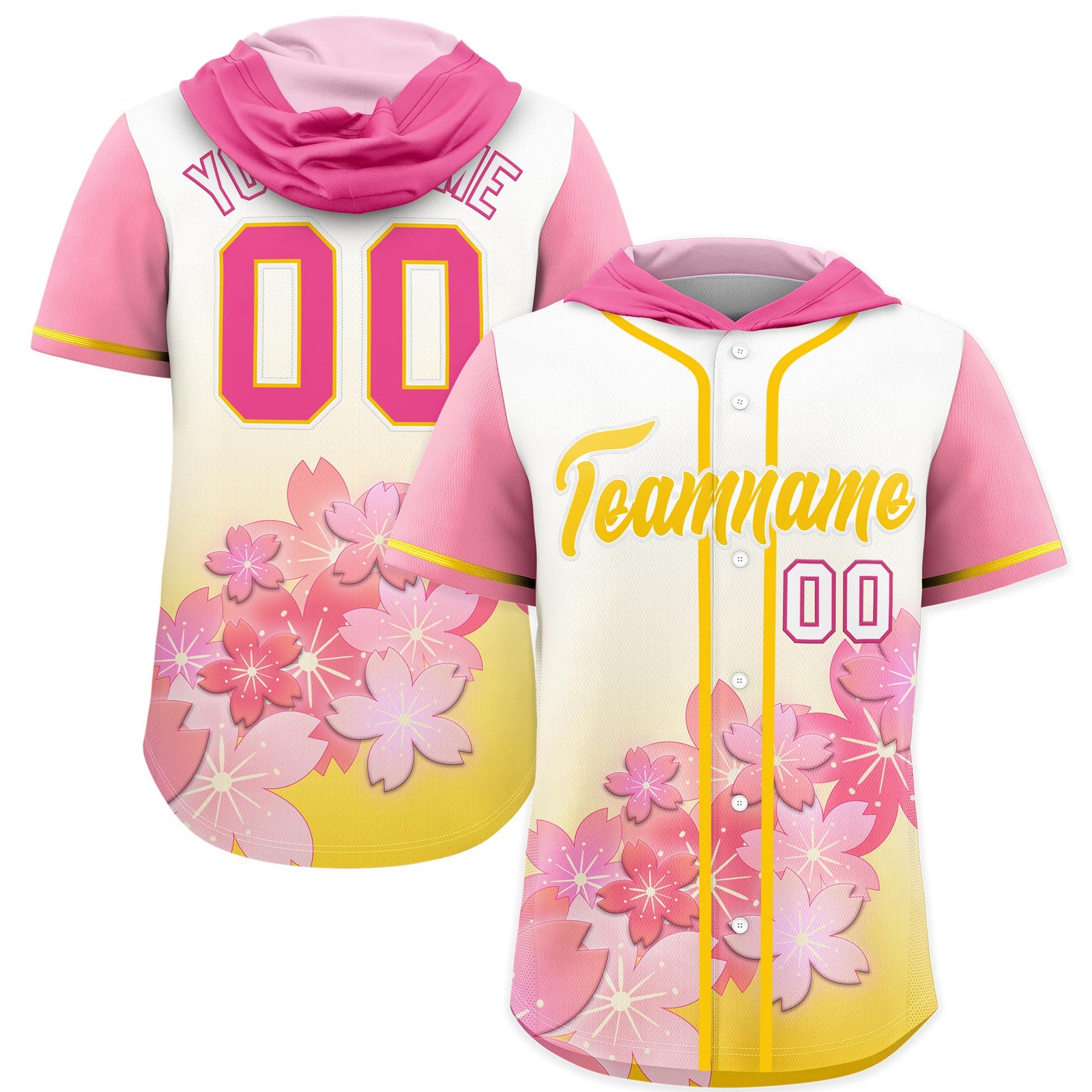 Custom Hooded Baseball Jersey | Gold White Cherry Blossom Personalized Name & Number Sport Jersey