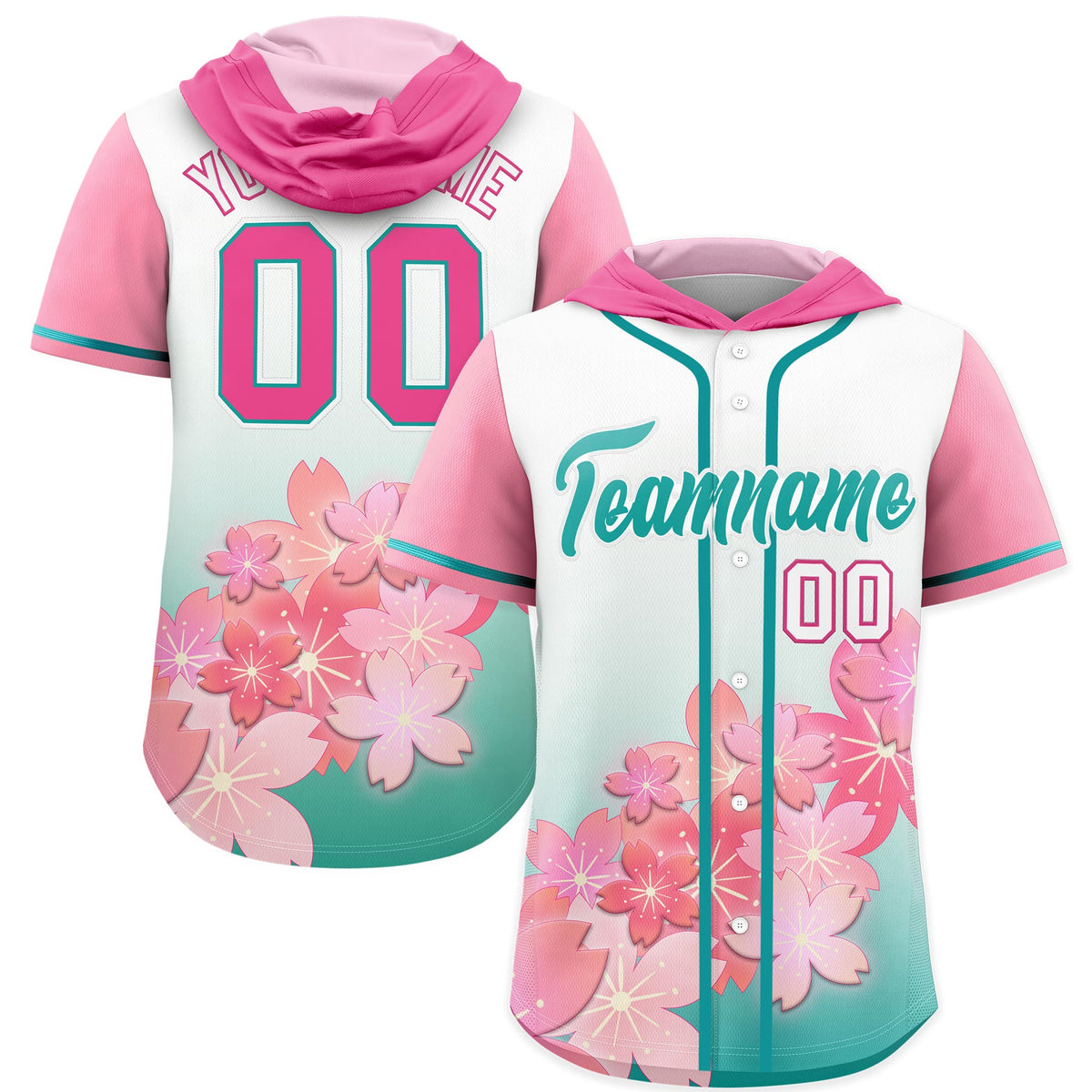 Custom Hooded Baseball Jersey | Pink Aqua Cherry Blossom Moisture-Wicking Jersey for Men &amp; Women