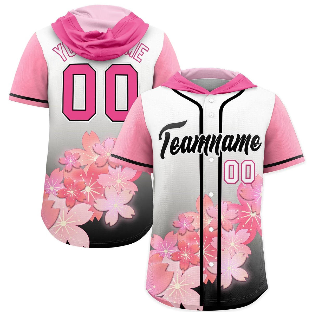 Custom Hooded Baseball Jersey | Pink Black Cherry Blossom Moisture-Wicking Jersey for Men &amp; Women