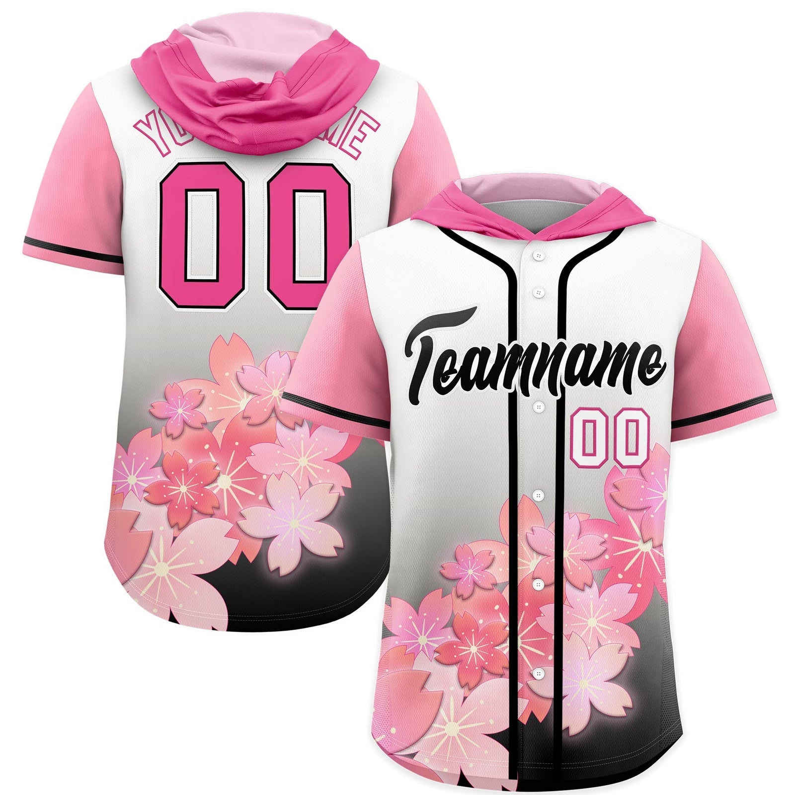 Custom Hooded Baseball Jersey | Pink Black Cherry Blossom Moisture-Wicking Jersey for Men & Women