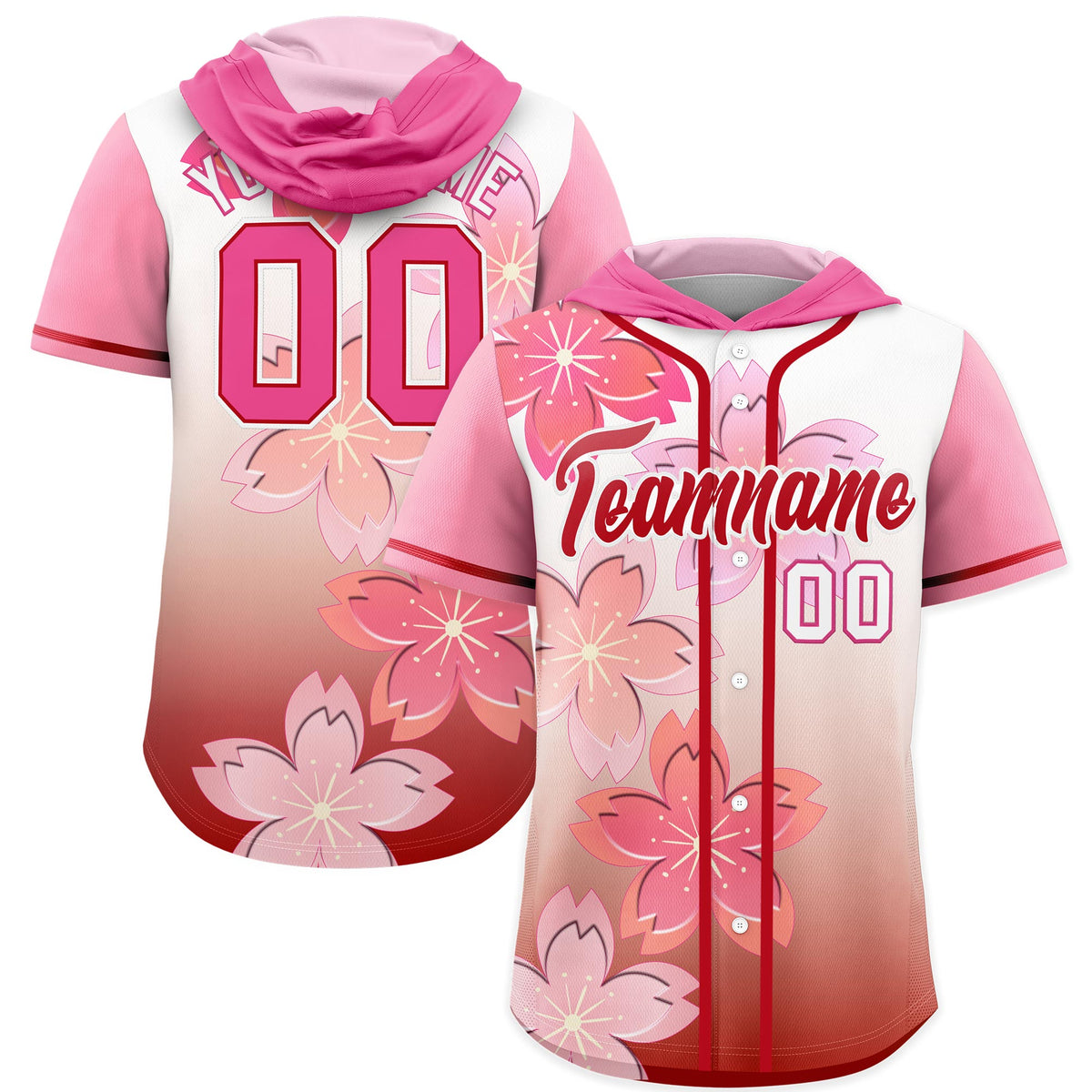 Custom Hooded Baseball Jersey | Pink Red Cherry Blossom Breathable Athleisure Streetwear