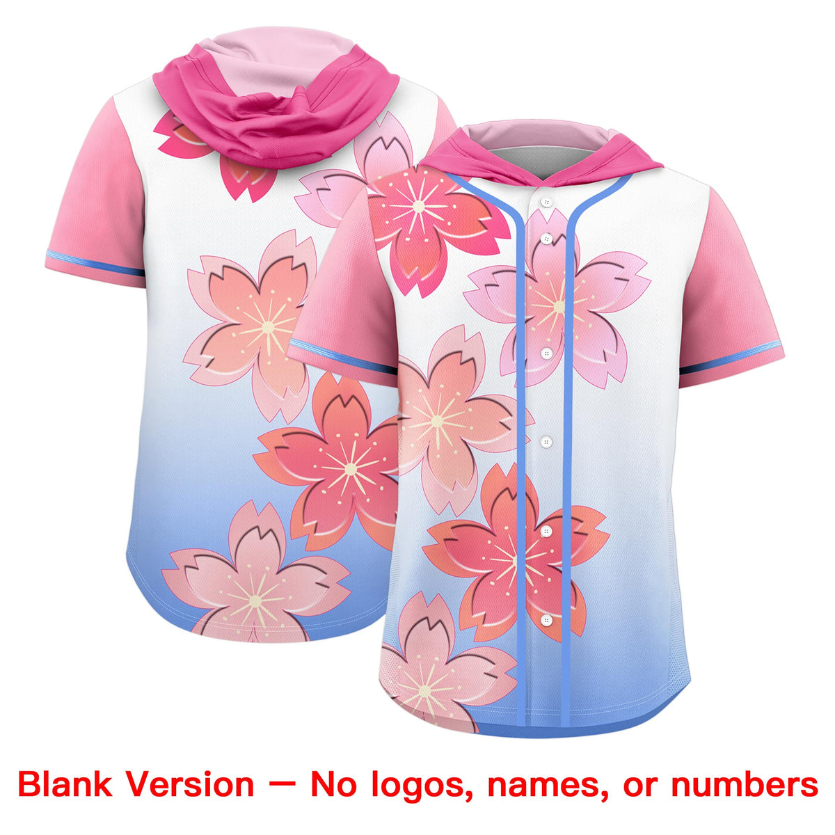 Custom Hooded Baseball Jersey | Pink Light Blue Cherry Blossom Personalized Name &amp; Number Sport Jersey