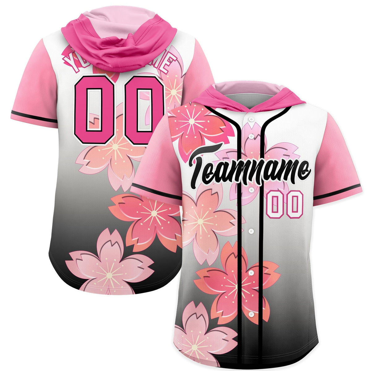 Custom Hooded Baseball Jersey | Pink Black Cherry Blossom Moisture-Wicking Jersey for Men &amp; Women
