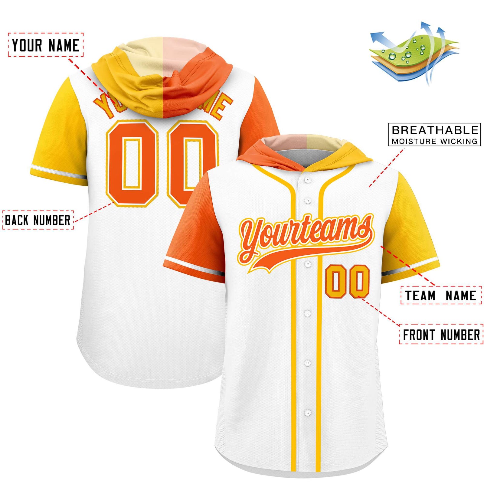 Custom White Orange and Gold Split Fashion Raglan Sleeves Authentic Baseball Hoodie Jersey