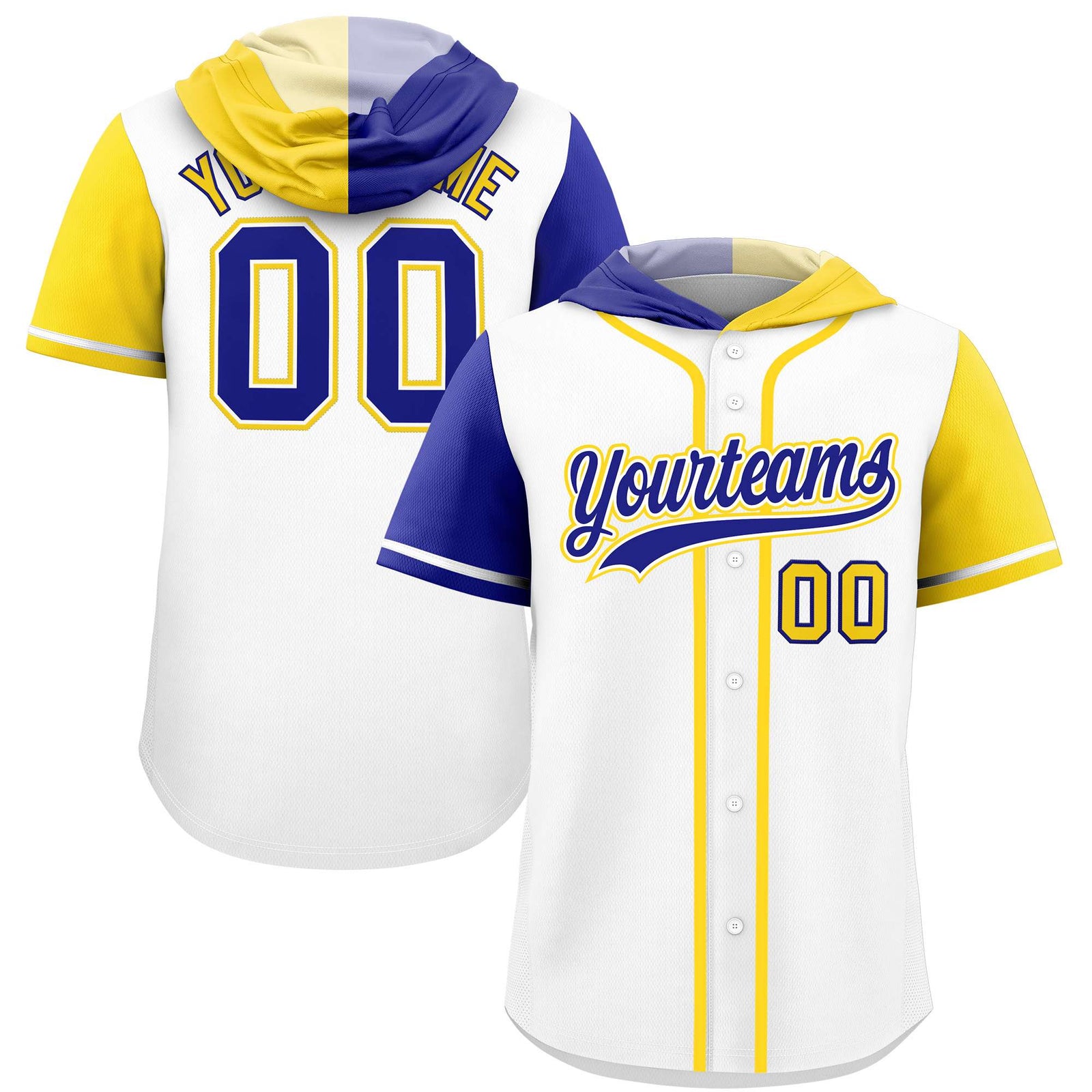 Custom White Royal and Gold Split Fashion Raglan Sleeves Authentic Baseball Hoodie Jersey