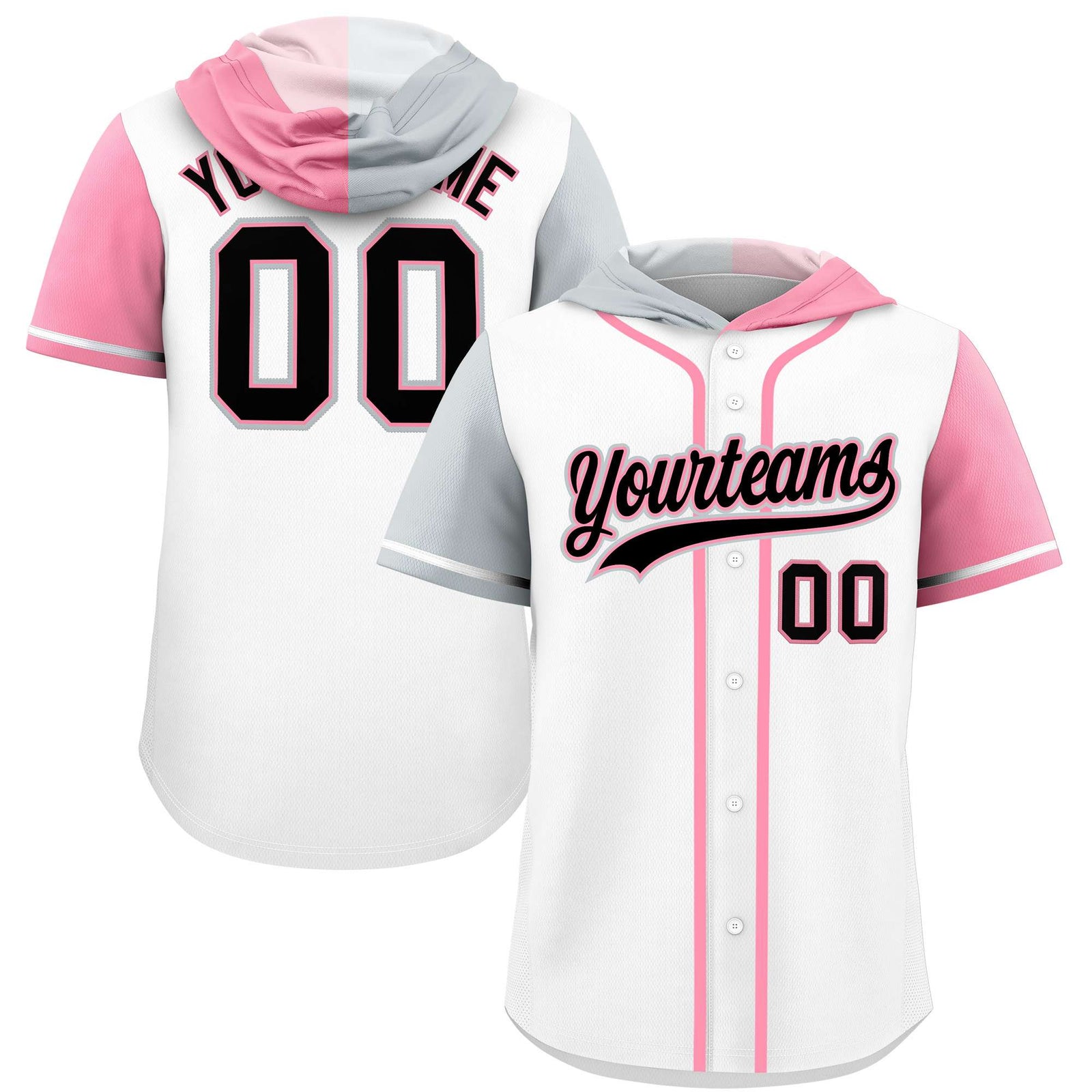 Custom White Silver and Light Pink Split Fashion Raglan Sleeves Authentic Baseball Hoodie Jersey