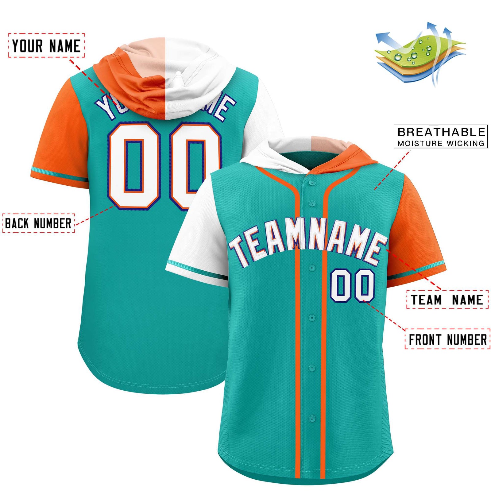 Custom Aqua White and Orange Split Fashion Raglan Sleeves Authentic Baseball Hoodie Jersey