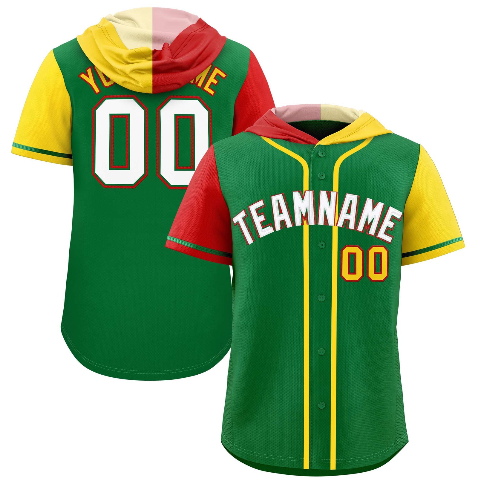 Custom Kelly Green Red and Gold Split Fashion Raglan Sleeves Authentic Baseball Hoodie Jersey