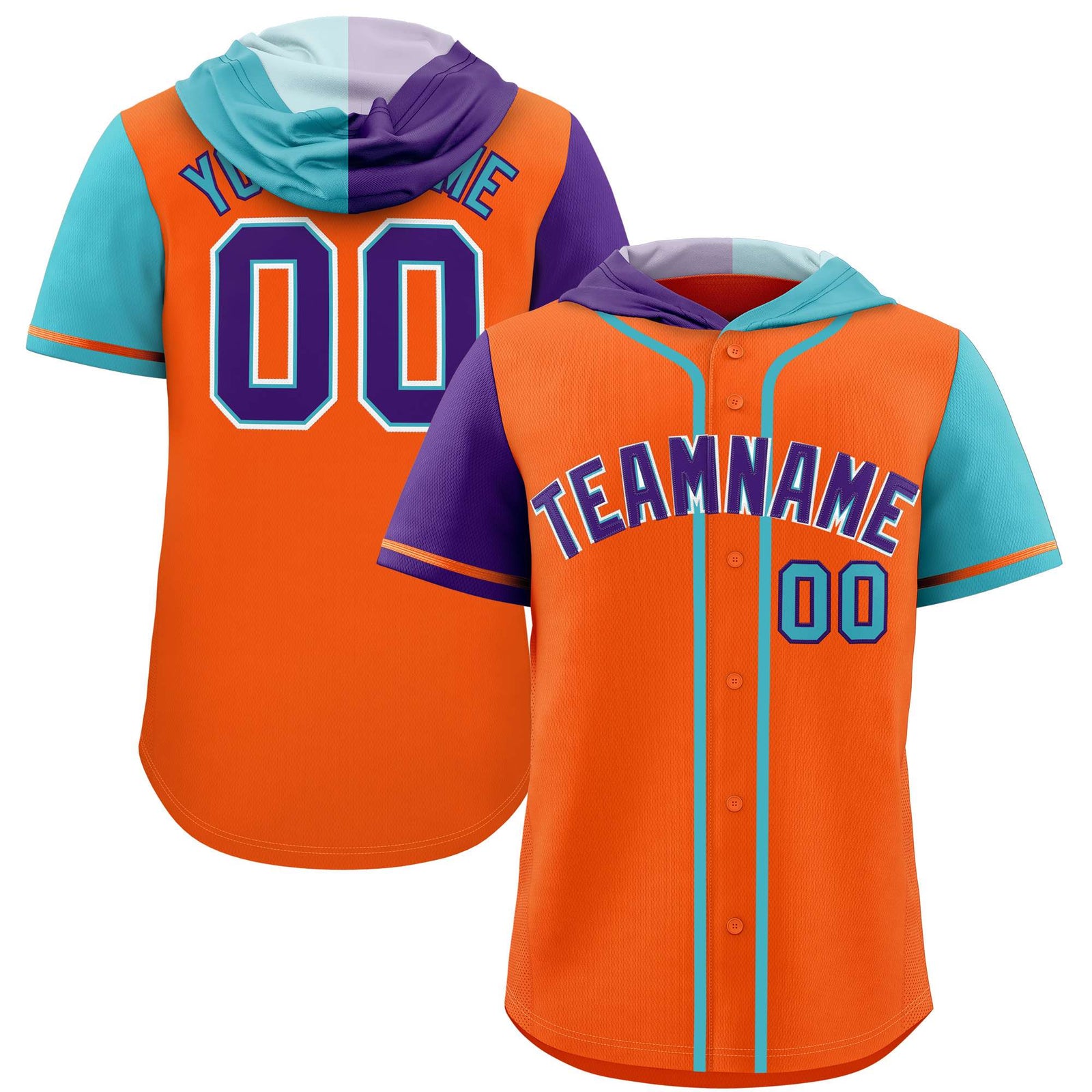 Custom Orange Purple and Sky Blue Split Fashion Raglan Sleeves Authentic Baseball Hoodie Jersey
