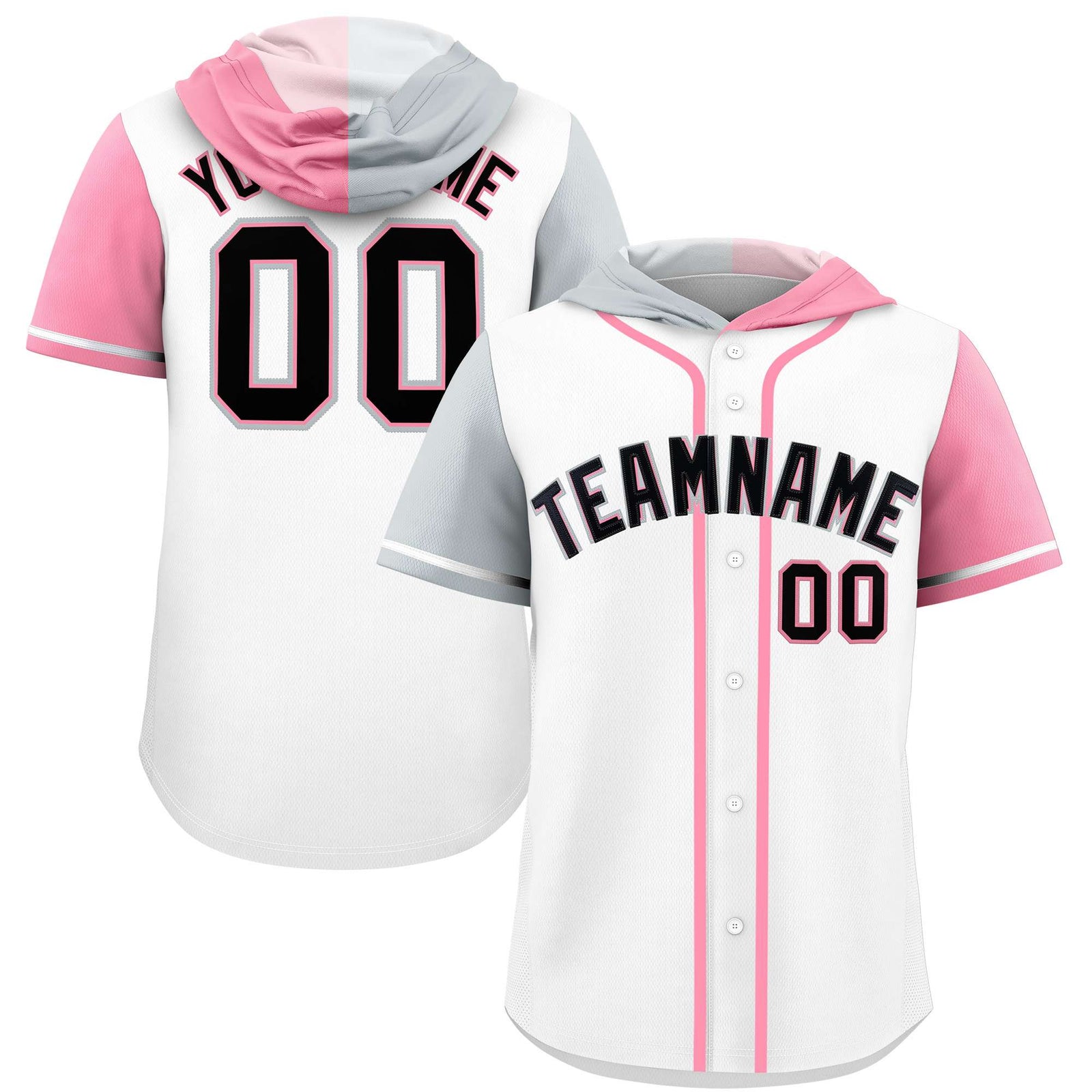 Custom White Silver and Light Pink Split Fashion Raglan Sleeves Authentic Baseball Hoodie Jersey