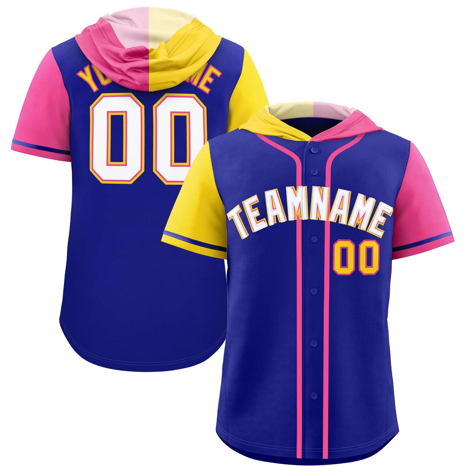 Custom Royal Gold and Pink Split Fashion Raglan Sleeves Authentic Baseball Hoodie Jersey
