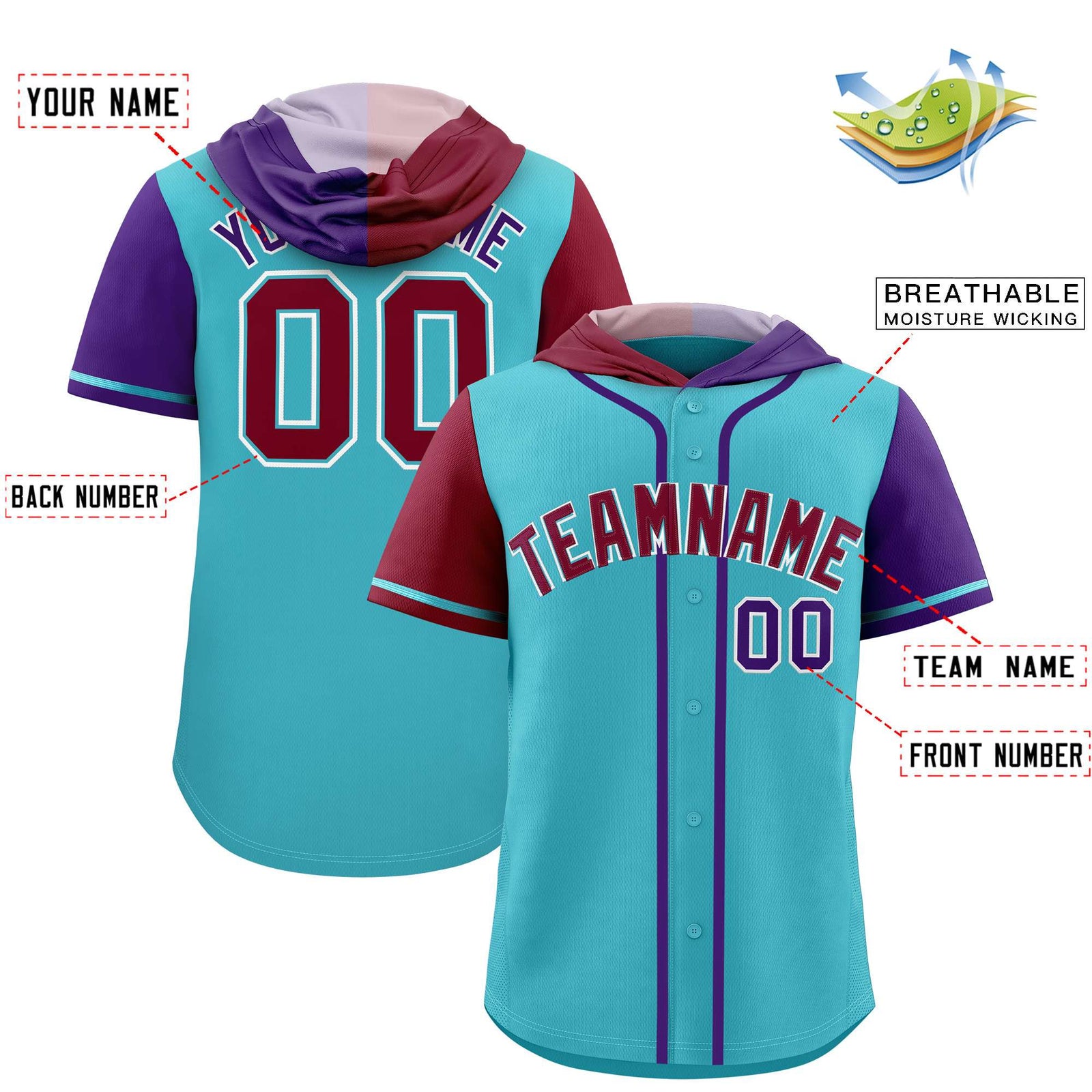 Custom Sky Blue Crimson and Purple Split Fashion Raglan Sleeves Authentic Baseball Hoodie Jersey