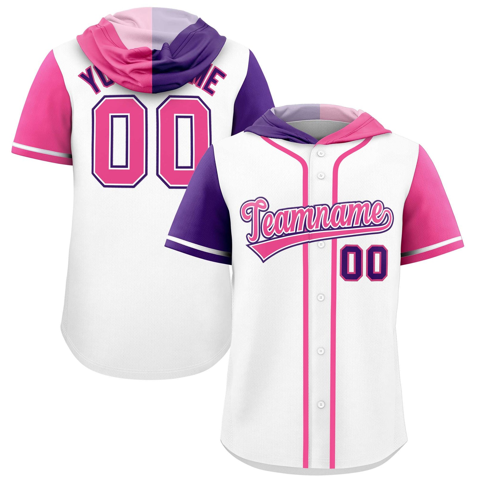 Custom White Purple and Pink Split Fashion Raglan Sleeves Authentic Baseball Hoodie Jersey
