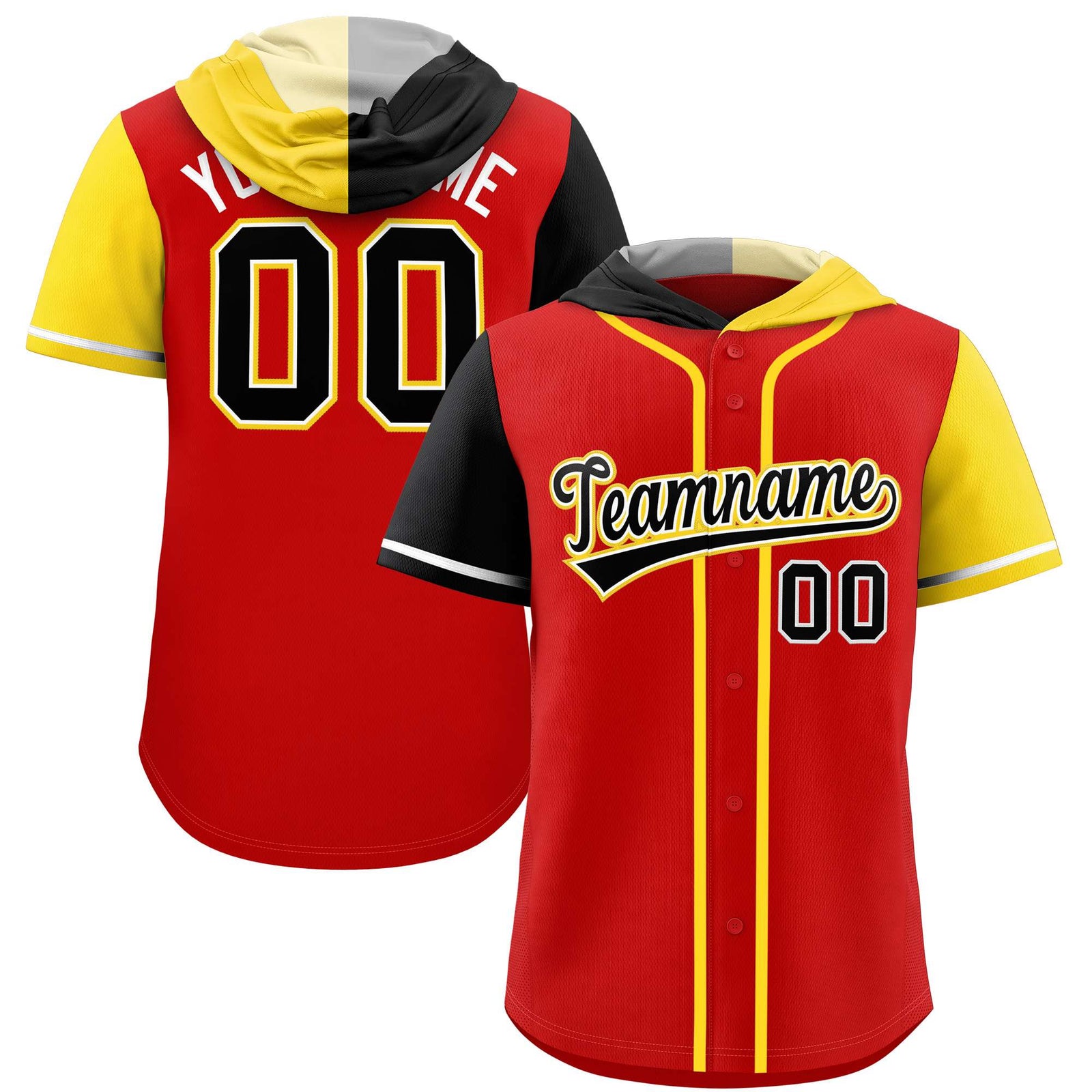Custom Red Black and Gold Split Fashion Raglan Sleeves Authentic Baseball Hoodie Jersey
