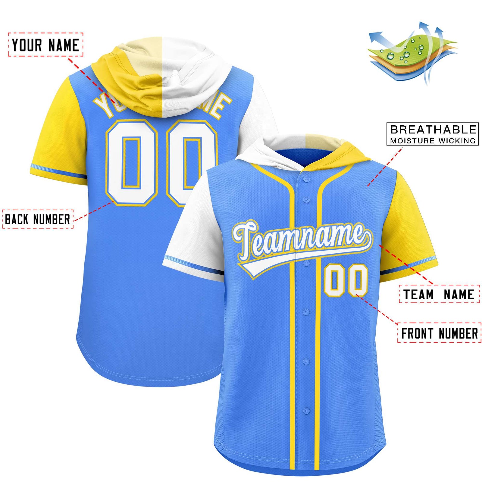 Custom Powder Blue White and Gold Split Fashion Raglan Sleeves Authentic Baseball Hoodie Jersey