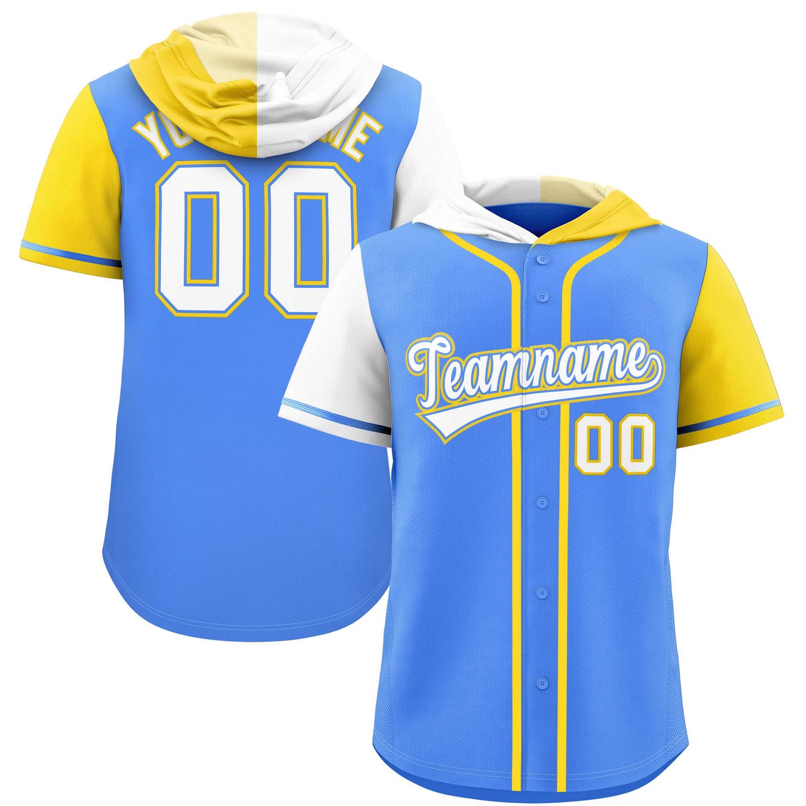 Custom Powder Blue White and Gold Split Fashion Raglan Sleeves Authentic Baseball Hoodie Jersey