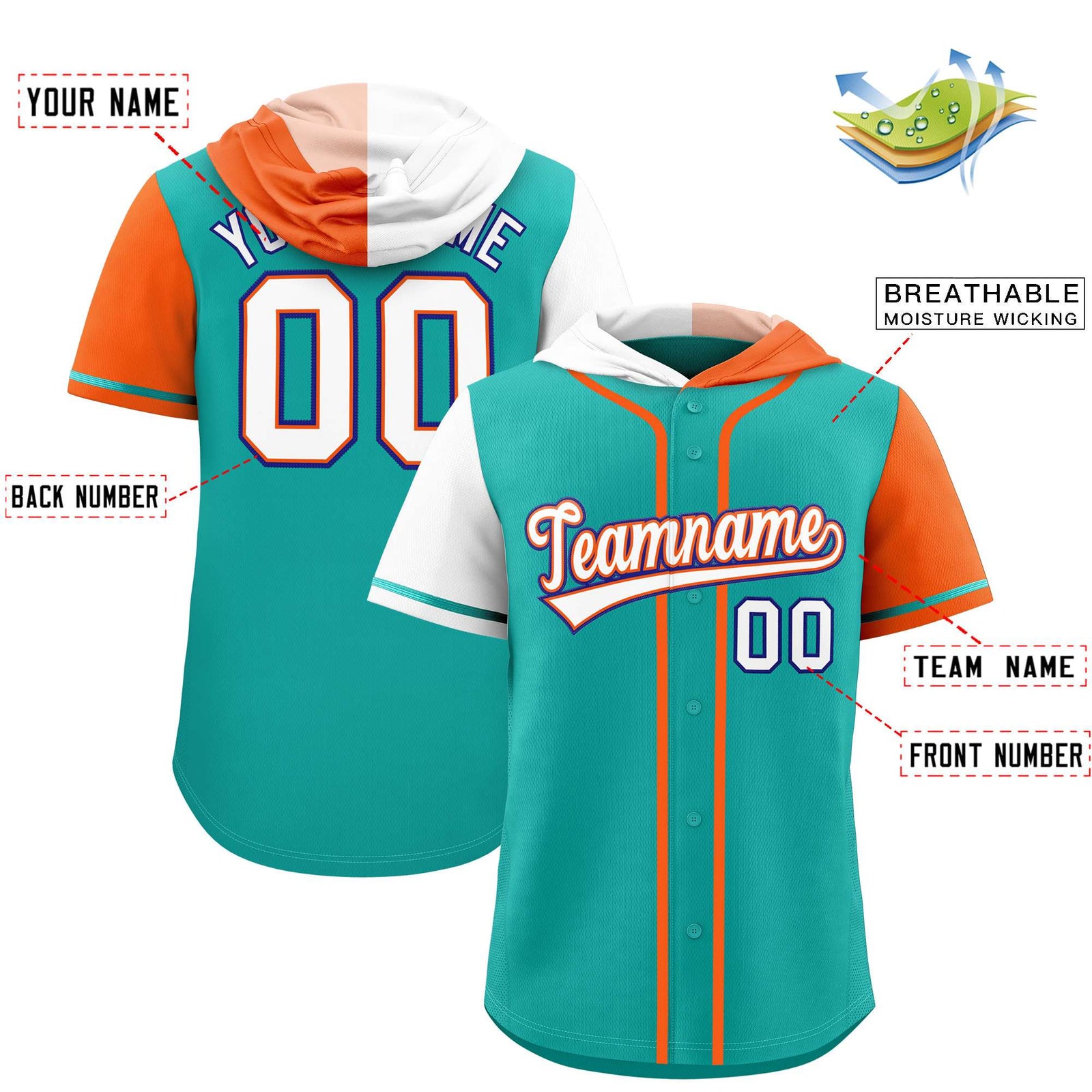 Custom Aqua White and Orange Split Fashion Raglan Sleeves Authentic Baseball Hoodie Jersey