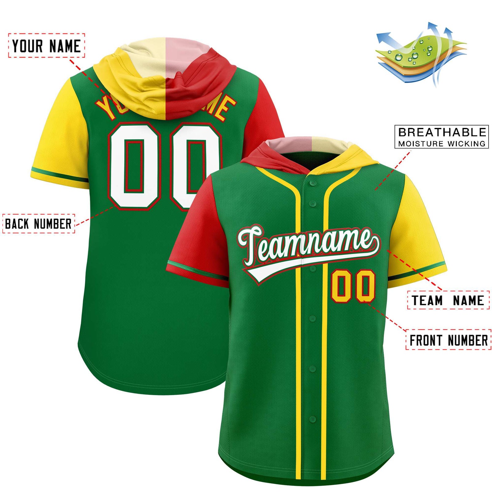 Custom Kelly Green Red and Gold Split Fashion Raglan Sleeves Authentic Baseball Hoodie Jersey