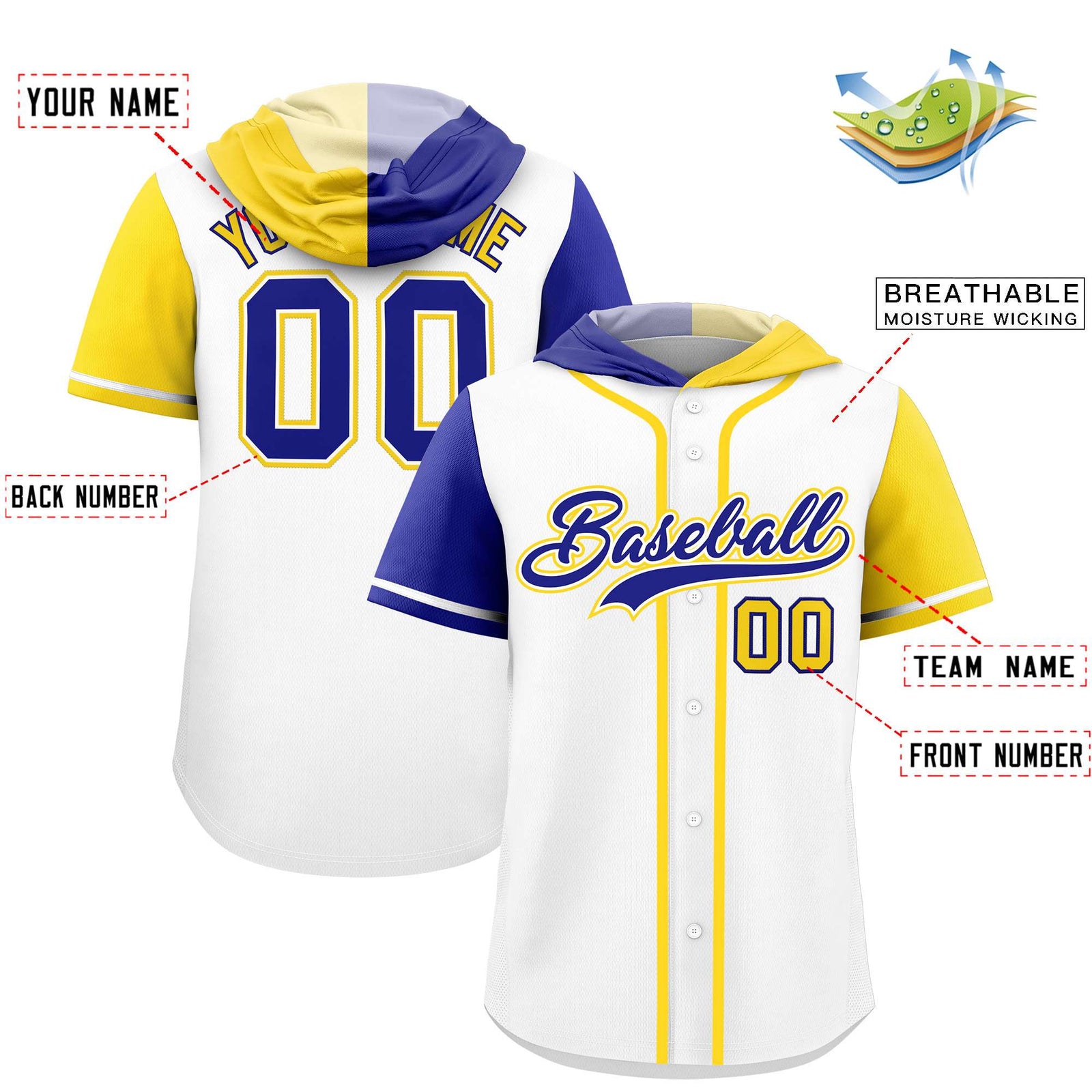 Custom White Royal and Gold Split Fashion Raglan Sleeves Authentic Baseball Hoodie Jersey