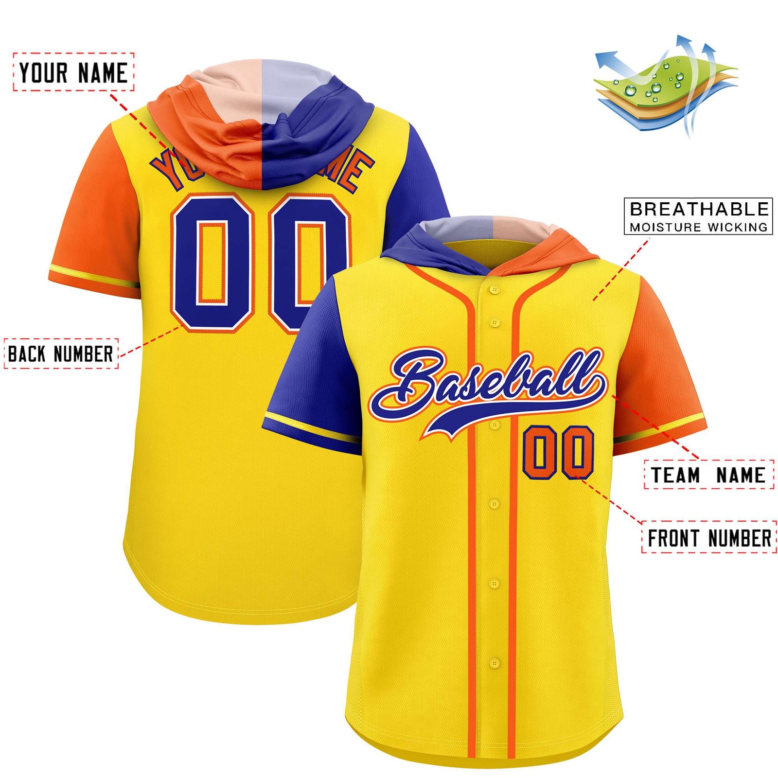Custom Gold Royal and Orange Split Fashion Raglan Sleeves Authentic Baseball Hoodie Jersey